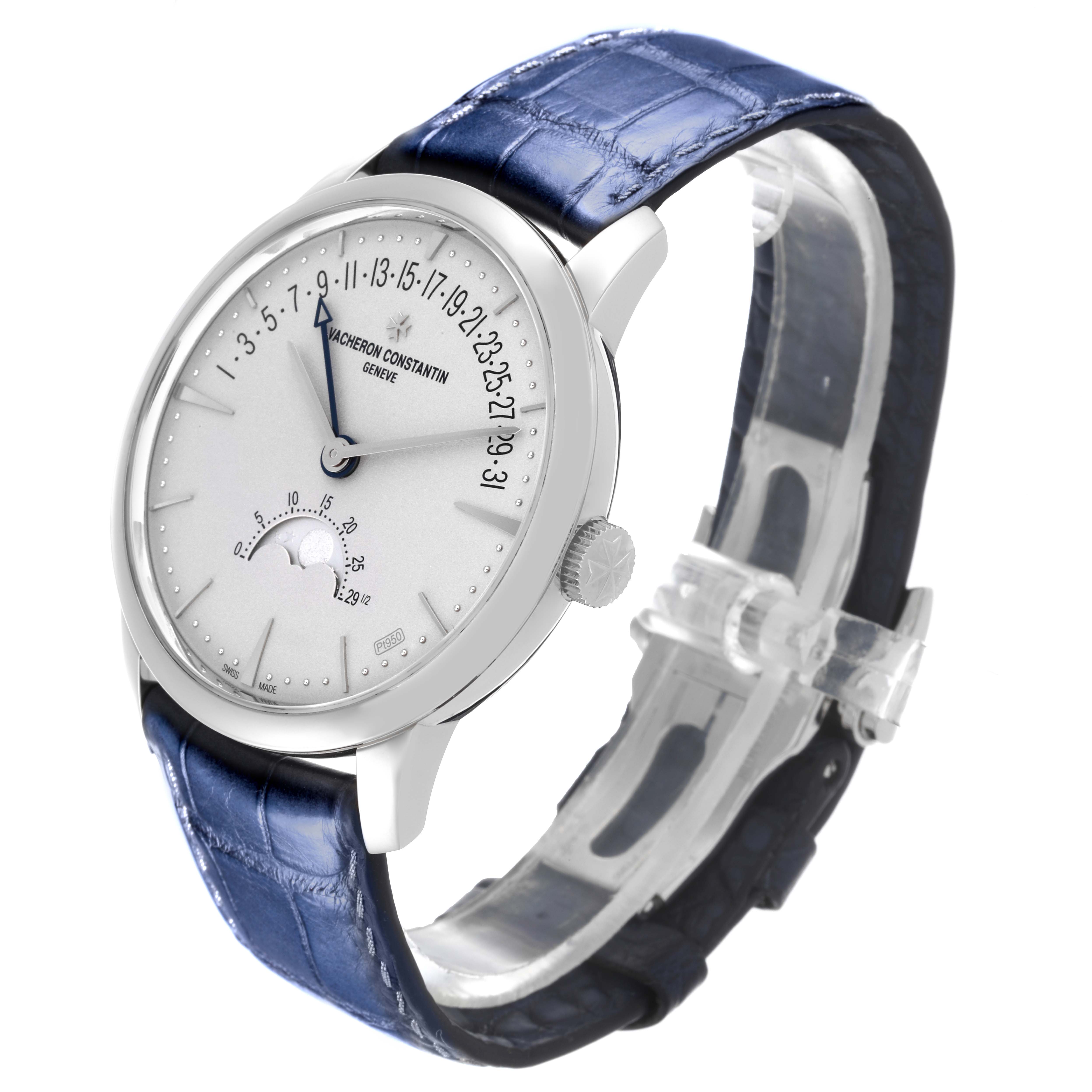 The Vacheron Constantin Patrimony 4010U/000P-B545 Men's Platinum Silver Dial 4010U/000P-B545 Men's Platinum Silver Dial watch is shown at a side angle, highlighting its face, crown, and blue leather strap.