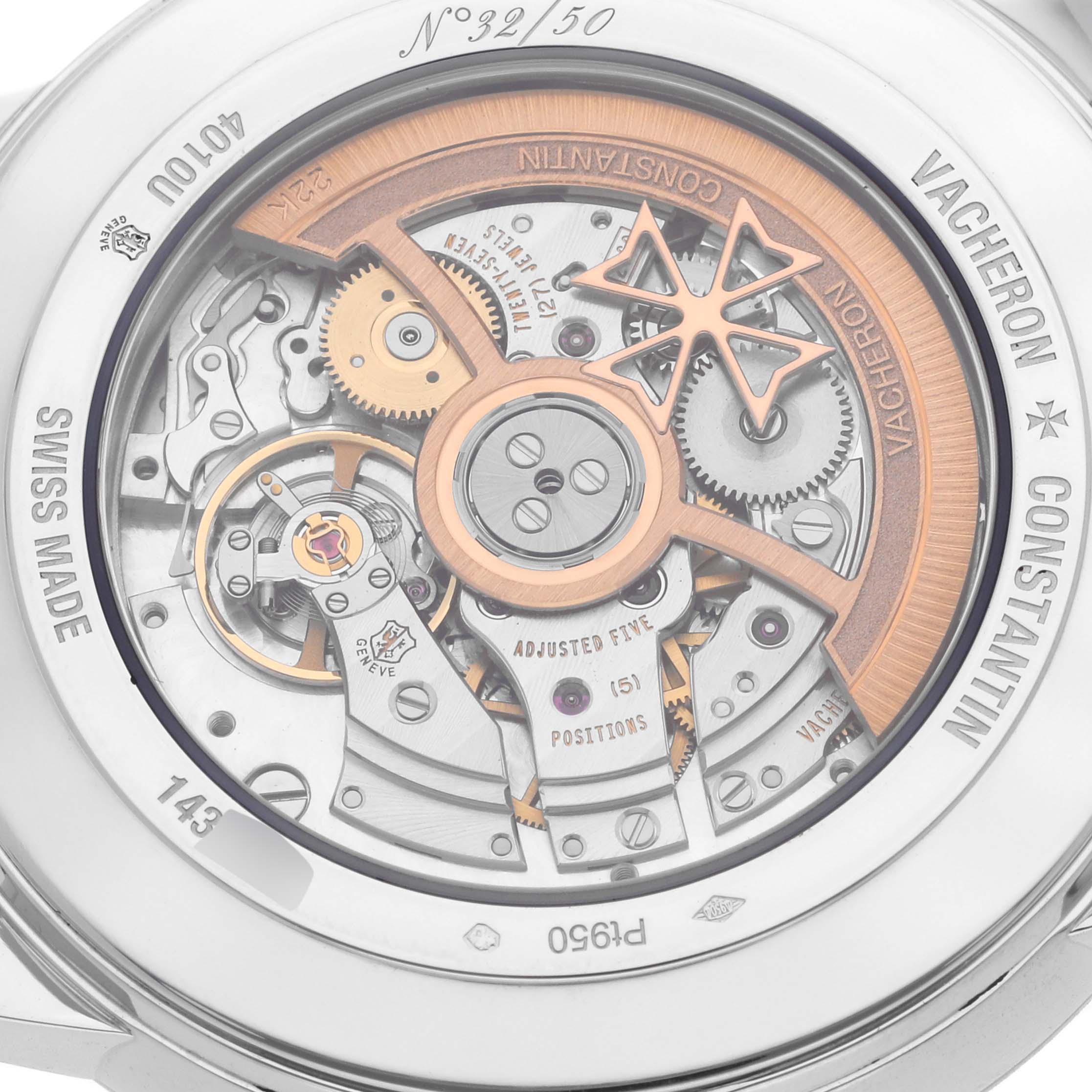 The image shows the back view of a Vacheron Constantin Patrimony 4010U/000P-B545 Men's Platinum Silver Dial 4010U/000P-B545 Men's Platinum Silver Dial, highlighting its intricate mechanical movement.