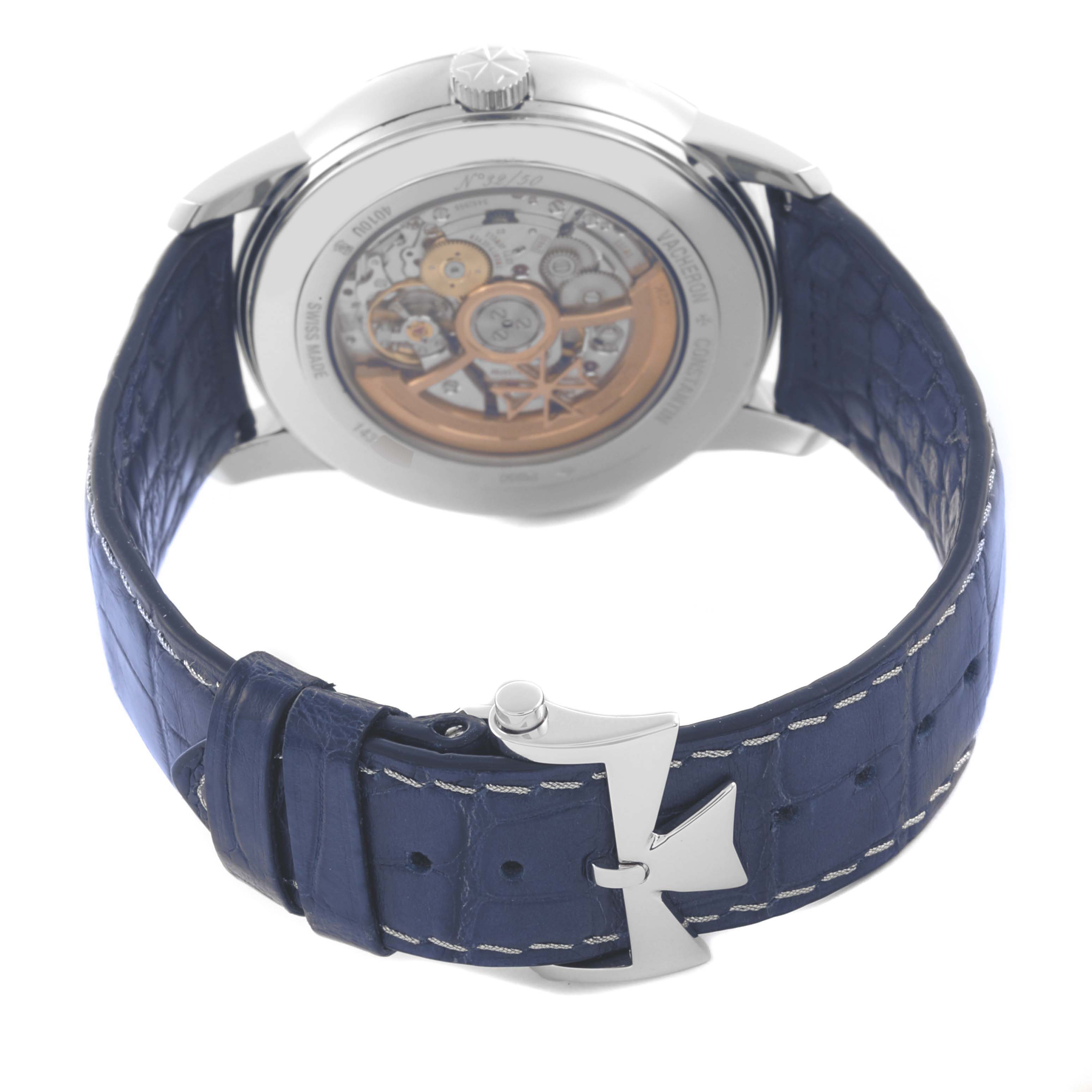 The image shows the back of the Vacheron Constantin Patrimony 4010U/000P-B545 Men's Platinum Silver Dial 4010U/000P-B545 Men's Platinum Silver Dial watch, featuring the movement and blue leather strap.