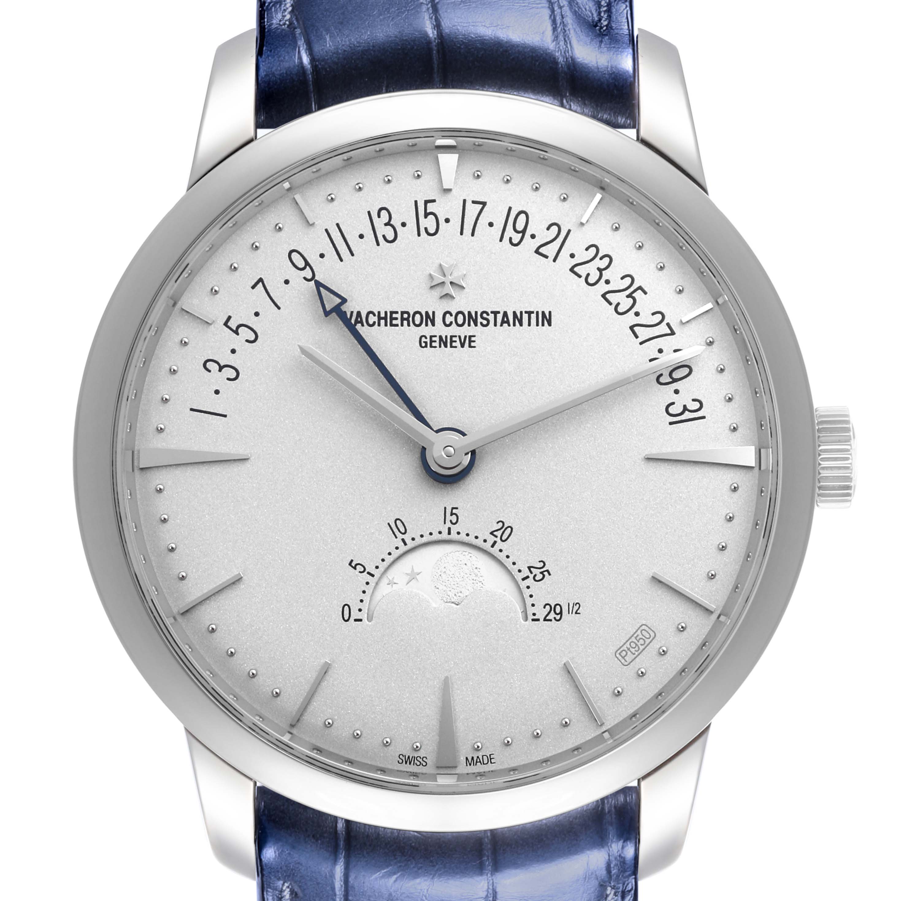 The Vacheron Constantin Patrimony 4010U/000P-B545 Men's Platinum Silver Dial 4010U/000P-B545 Men's Platinum Silver Dial watch is shown from the front, displaying the face, dial, and partial strap.