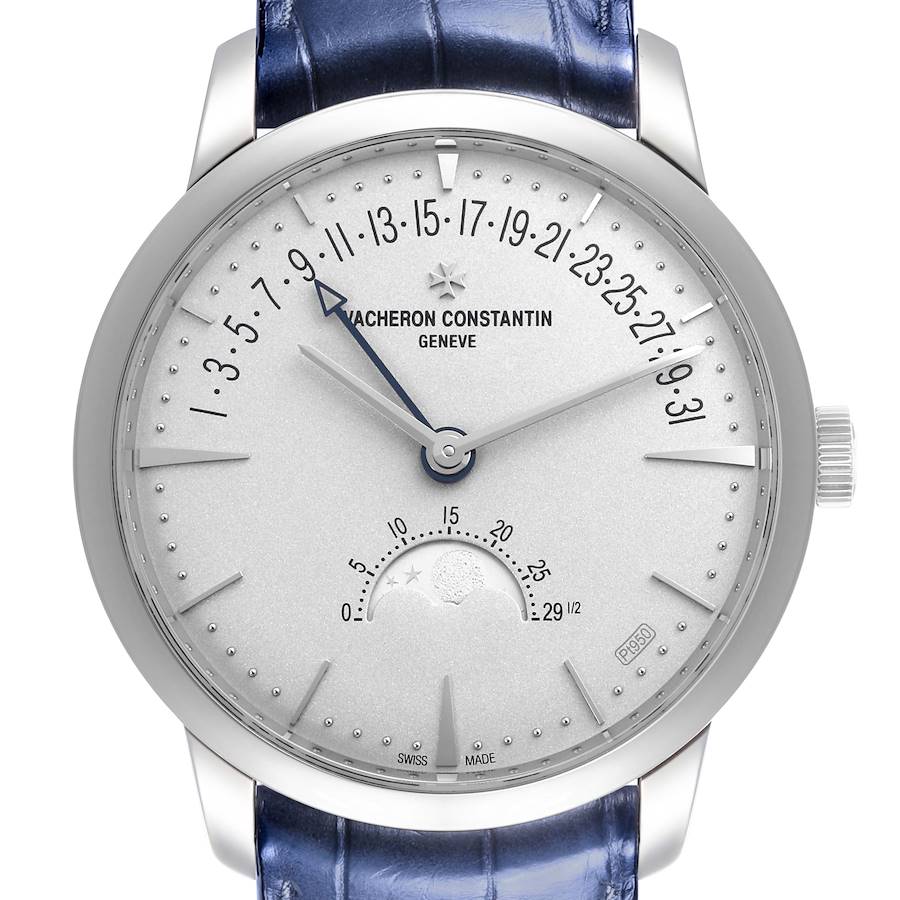 The Vacheron Constantin Patrimony watch is shown from the front, displaying the face, dial, and partial strap.