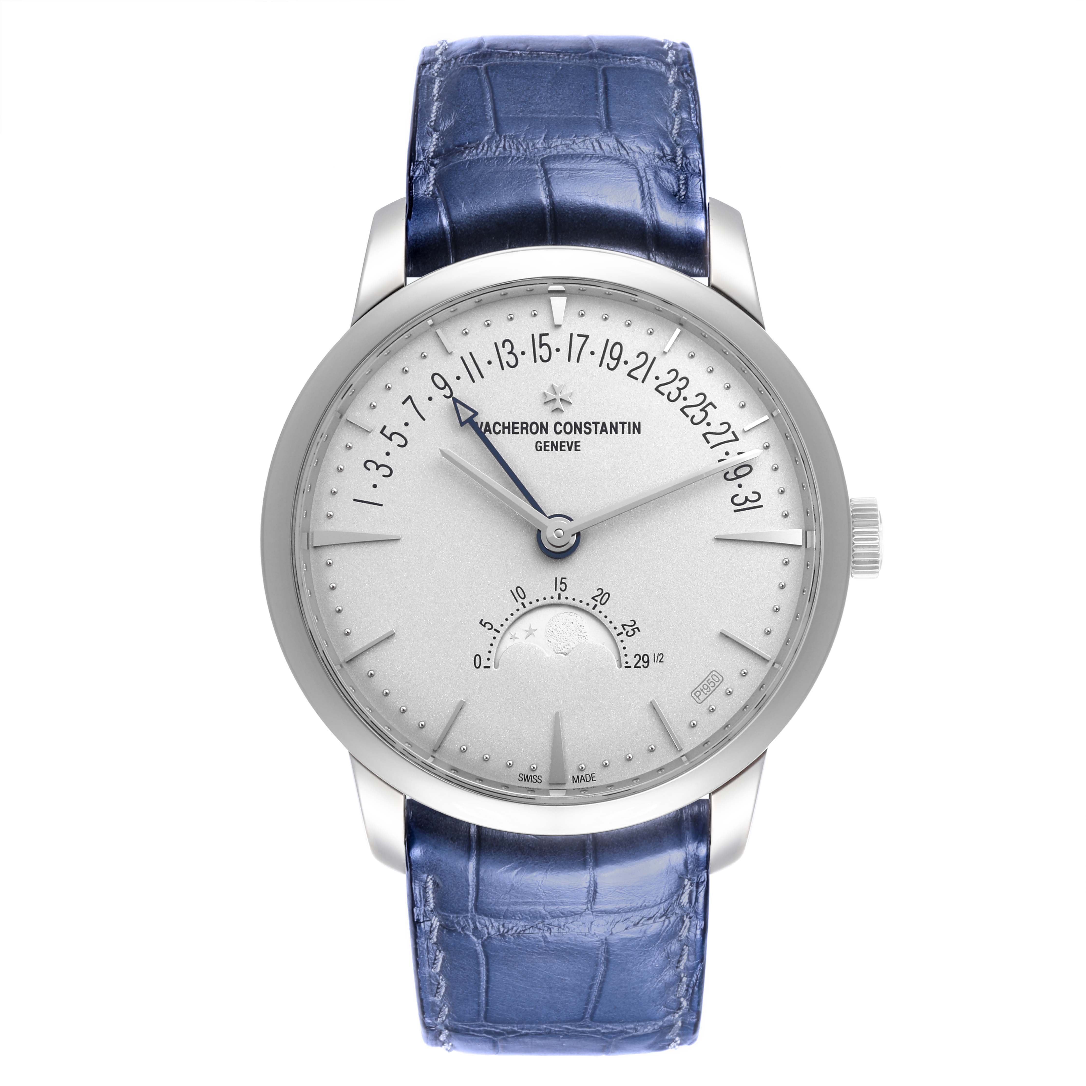 The Vacheron Constantin Patrimony 4010U/000P-B545 Men's Platinum Silver Dial 4010U/000P-B545 Men's Platinum Silver Dial watch is shown from a top view, displaying the dial and blue leather strap.