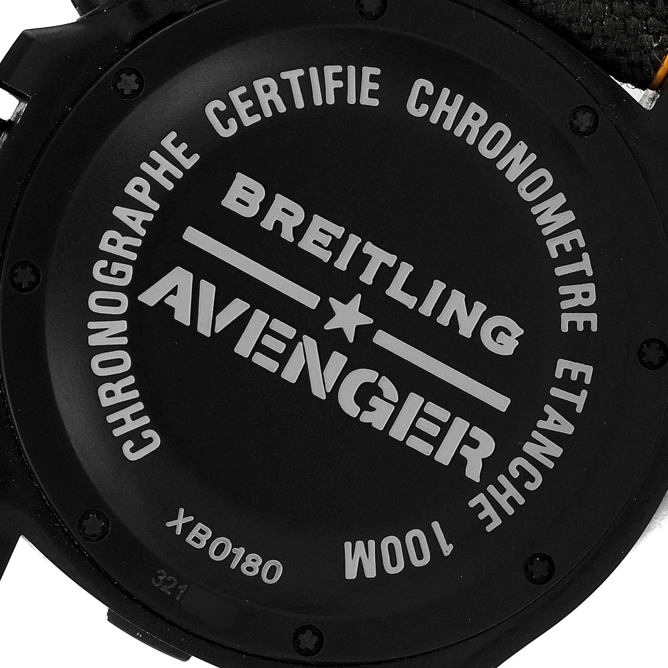 The image shows the back case of a Breitling Avenger XB0180E4/BF31 Men's Ceramic Black Dial XB0180E4/BF31 Men's Ceramic Black Dial watch, showcasing branding and model details.
