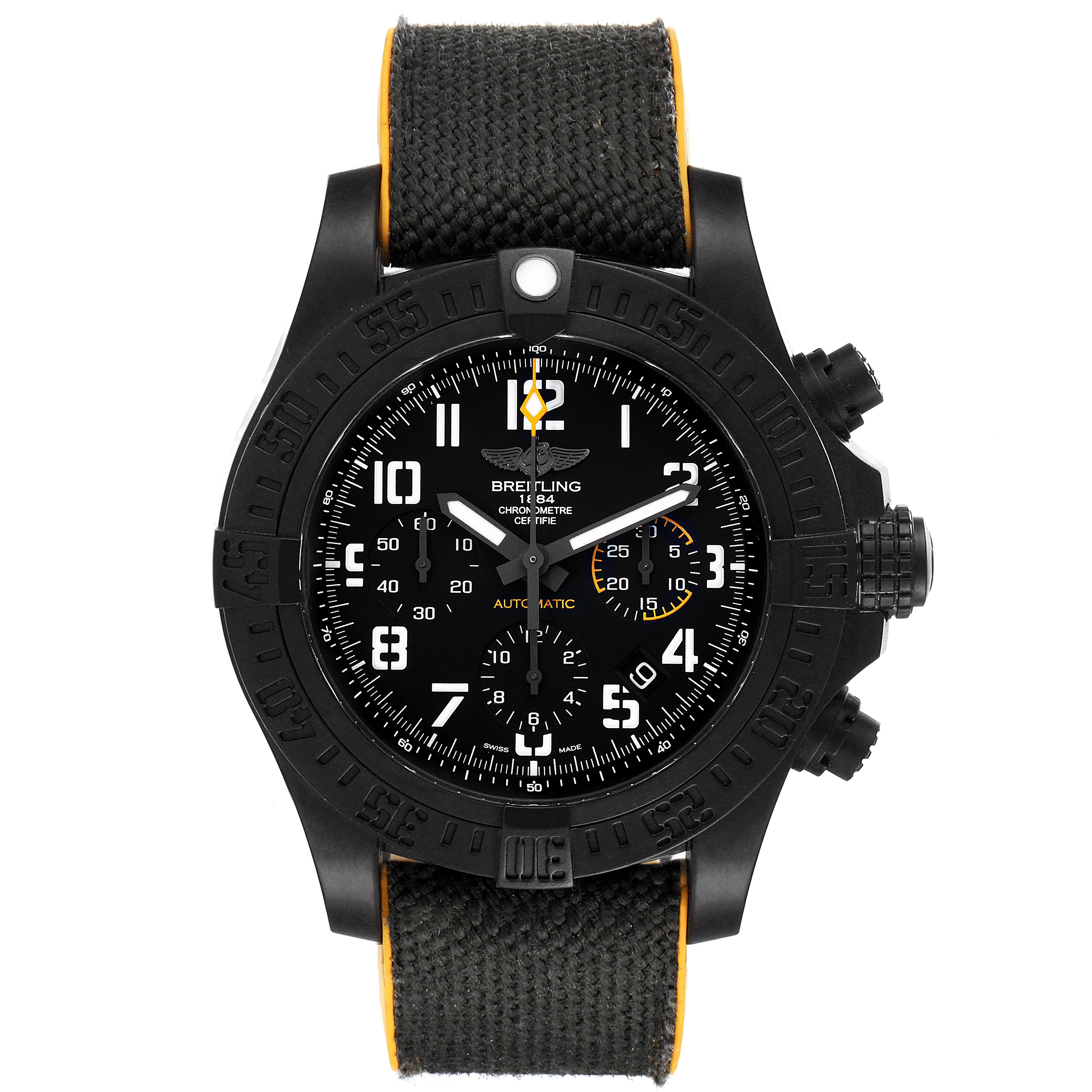 This image shows a front view of a Breitling Avenger XB0180E4/BF31 Men's Ceramic Black Dial XB0180E4/BF31 Men's Ceramic Black Dial model watch, highlighting the black dial, bezel, and strap.
