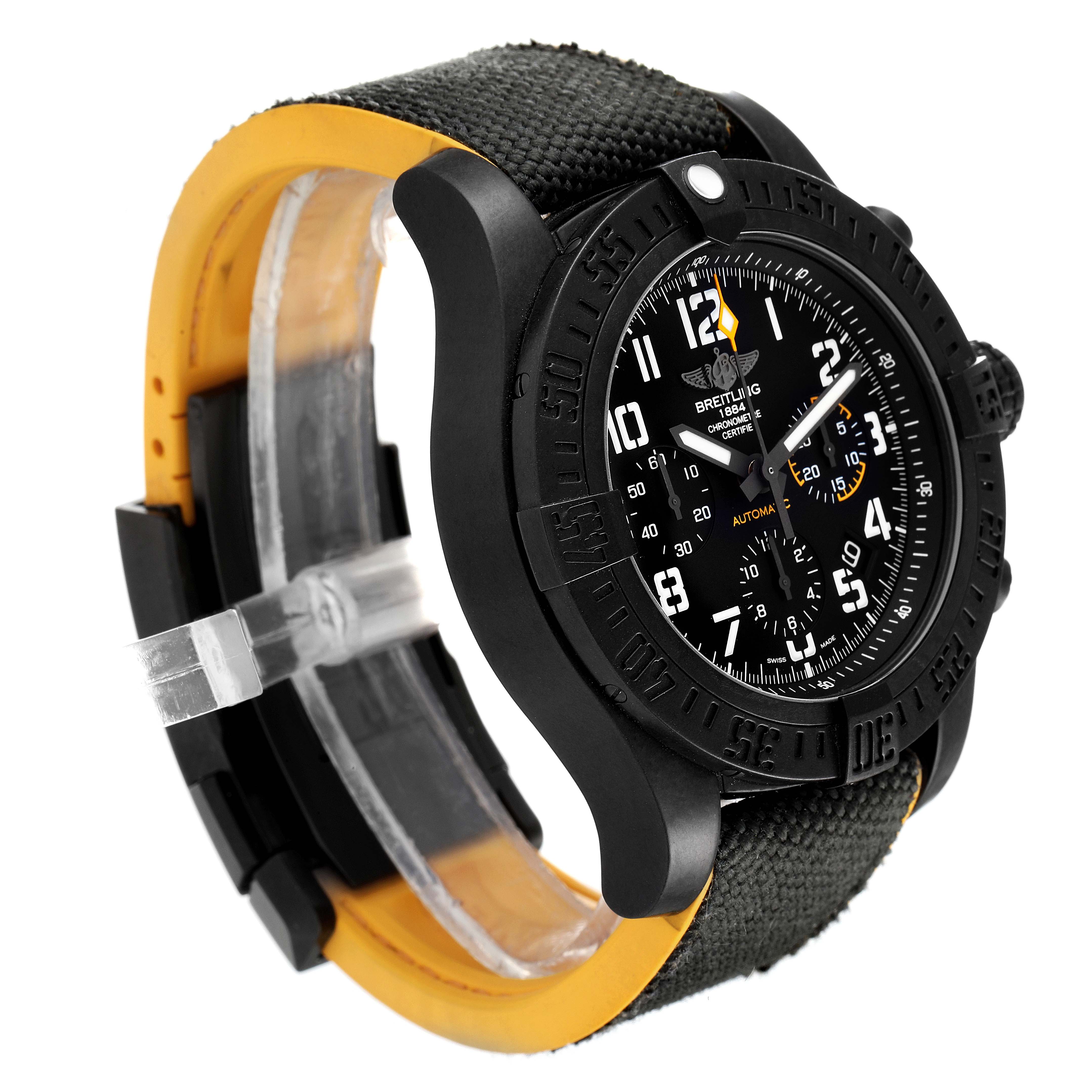 The Breitling Avenger XB0180E4/BF31 Men's Ceramic Black Dial XB0180E4/BF31 Men's Ceramic Black Dial watch is shown at an angle emphasizing the black dial, bezel, and part of the strap.