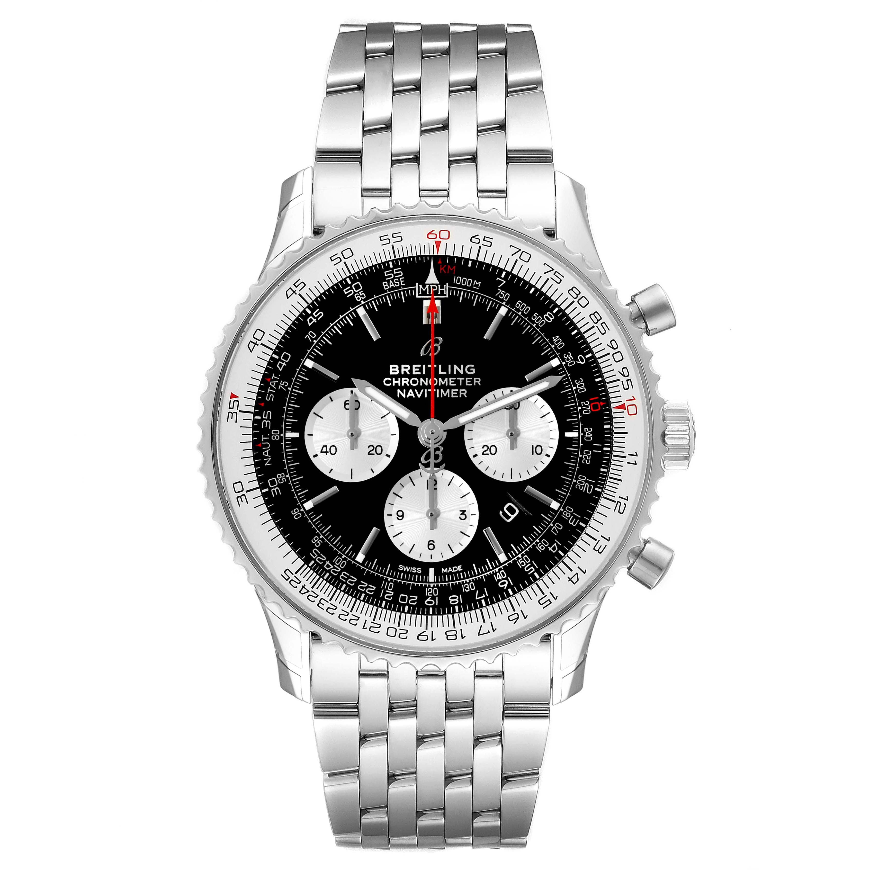 The image shows a front view of a Breitling Navitimer AB0127-211-B1A1 Men
s Stainless Steel Black Dial AB0127-211-B1A1 Men
s Stainless Steel Black Dial watch, highlighting the face, bezel, and stainless steel bracelet.