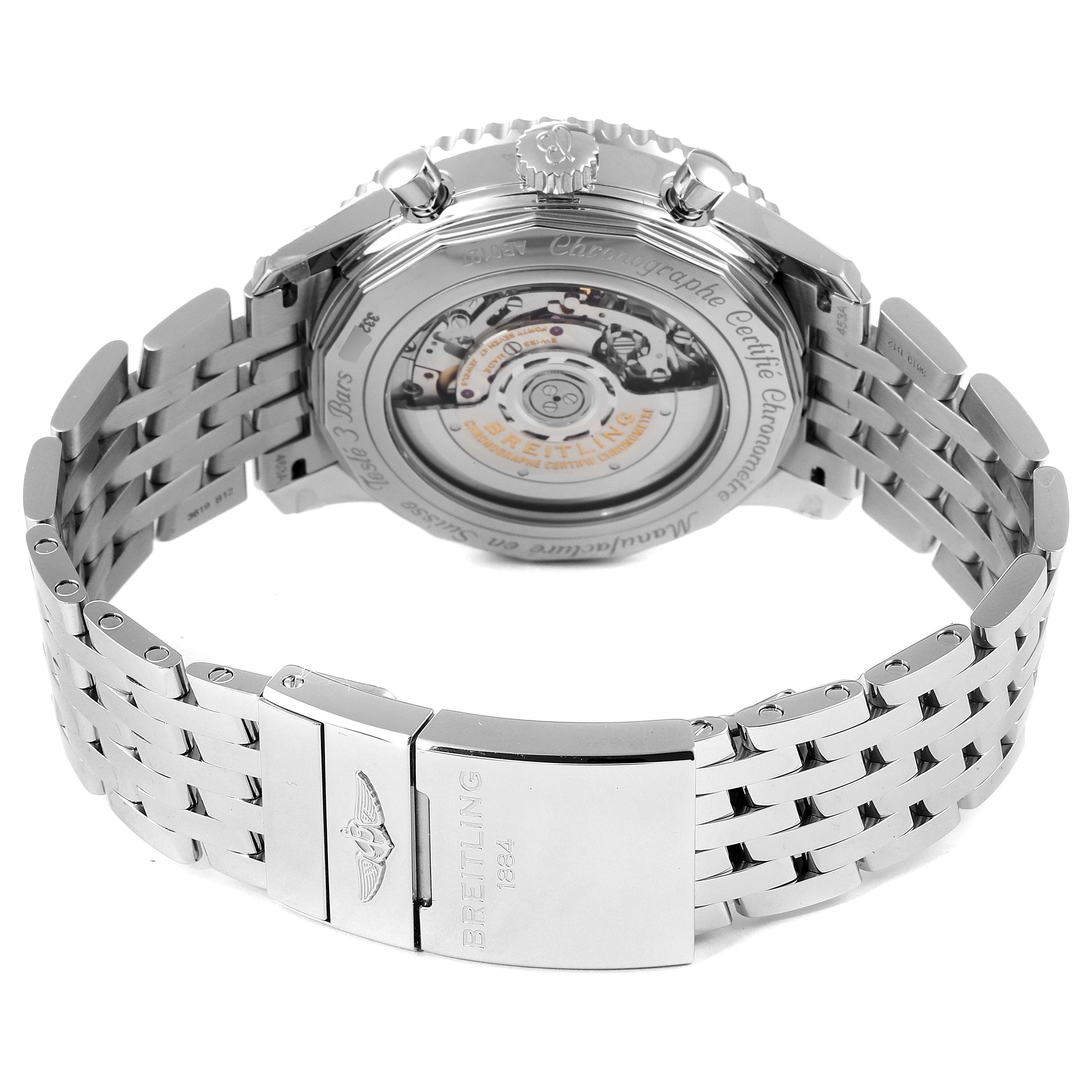 This image shows the back of a Breitling Navitimer AB0127-211-B1A1 Men
s Stainless Steel Black Dial AB0127-211-B1A1 Men
s Stainless Steel Black Dial watch, highlighting its stainless steel case, visible movement, and bracelet with clasp.