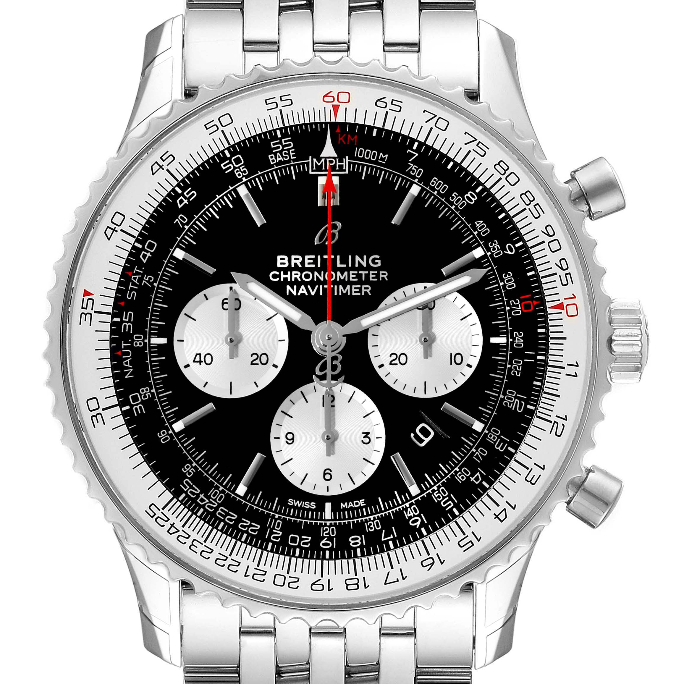 The image shows a frontal view of a Breitling Navitimer AB0127-211-B1A1 Men
s Stainless Steel Black Dial AB0127-211-B1A1 Men
s Stainless Steel Black Dial watch, highlighting its dial, chronograph subdials, and stainless steel bracelet.