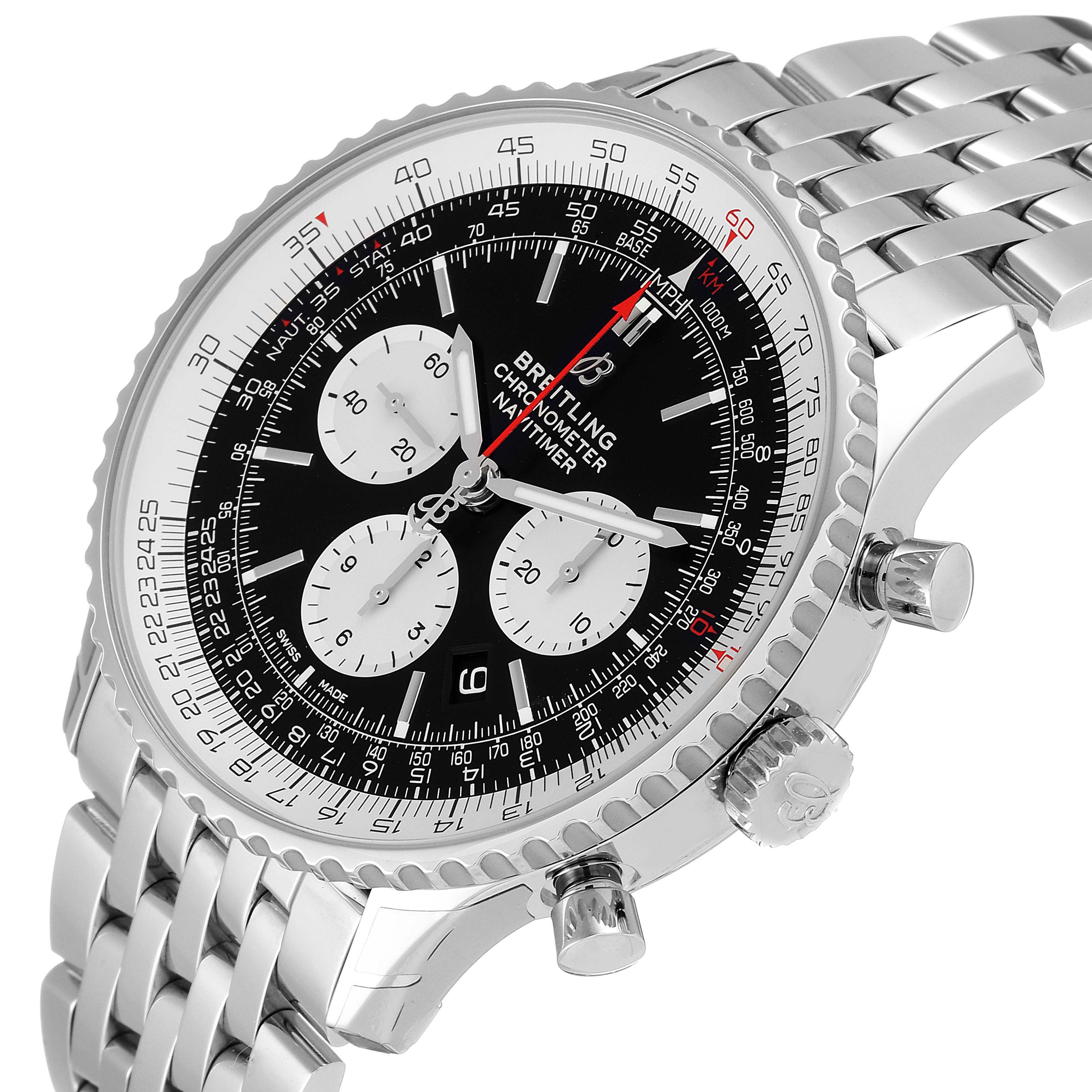 The image shows a Breitling Navitimer AB0127-211-B1A1 Men
s Stainless Steel Black Dial AB0127-211-B1A1 Men
s Stainless Steel Black Dial watch at an angled view, displaying the face, bezel, dial, three subdials, crown, and bracelet.