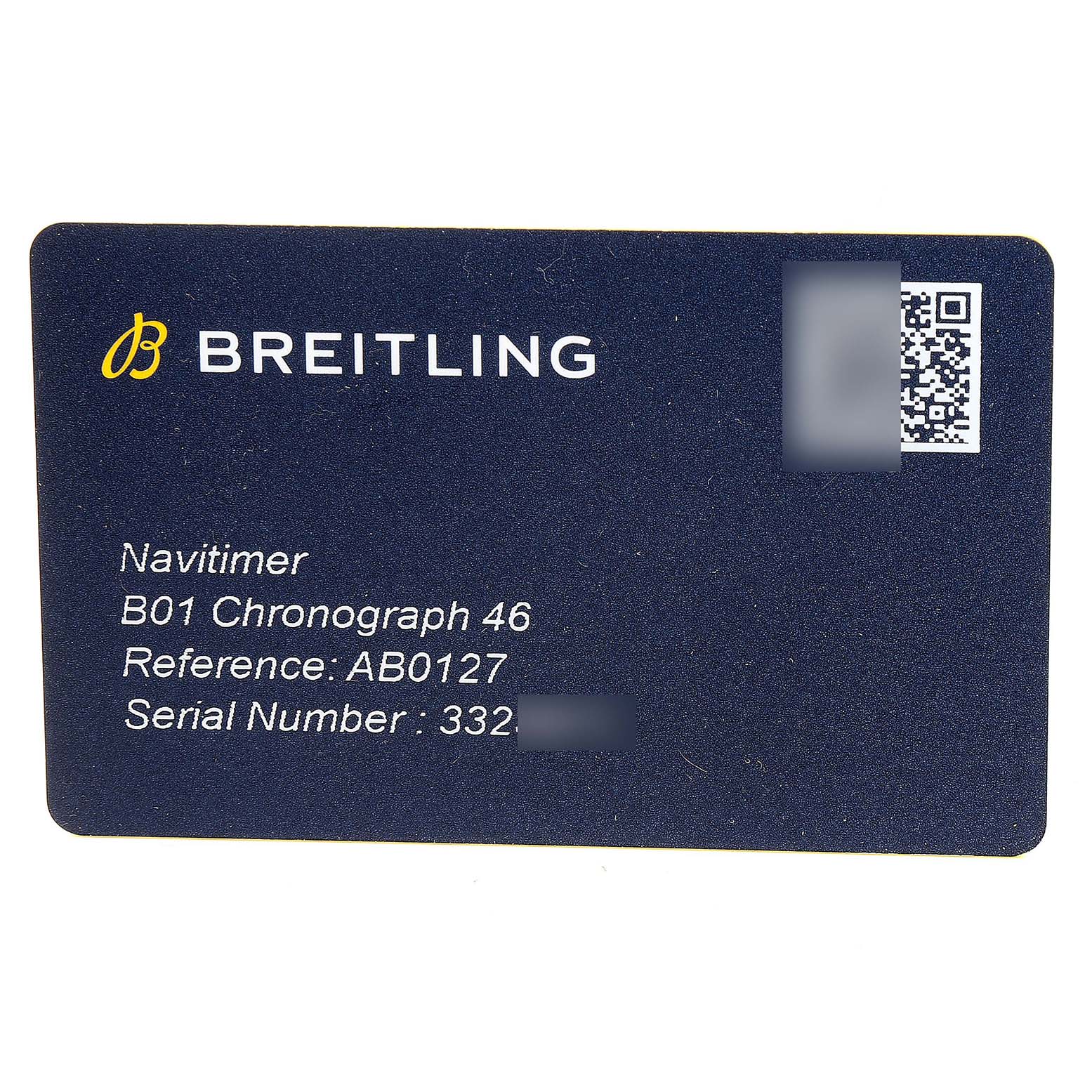 This image shows an identification card for a Breitling Navitimer AB0127-211-B1A1 Men
s Stainless Steel Black Dial AB0127-211-B1A1 Men
s Stainless Steel Black Dial B01 Chronograph 46.
