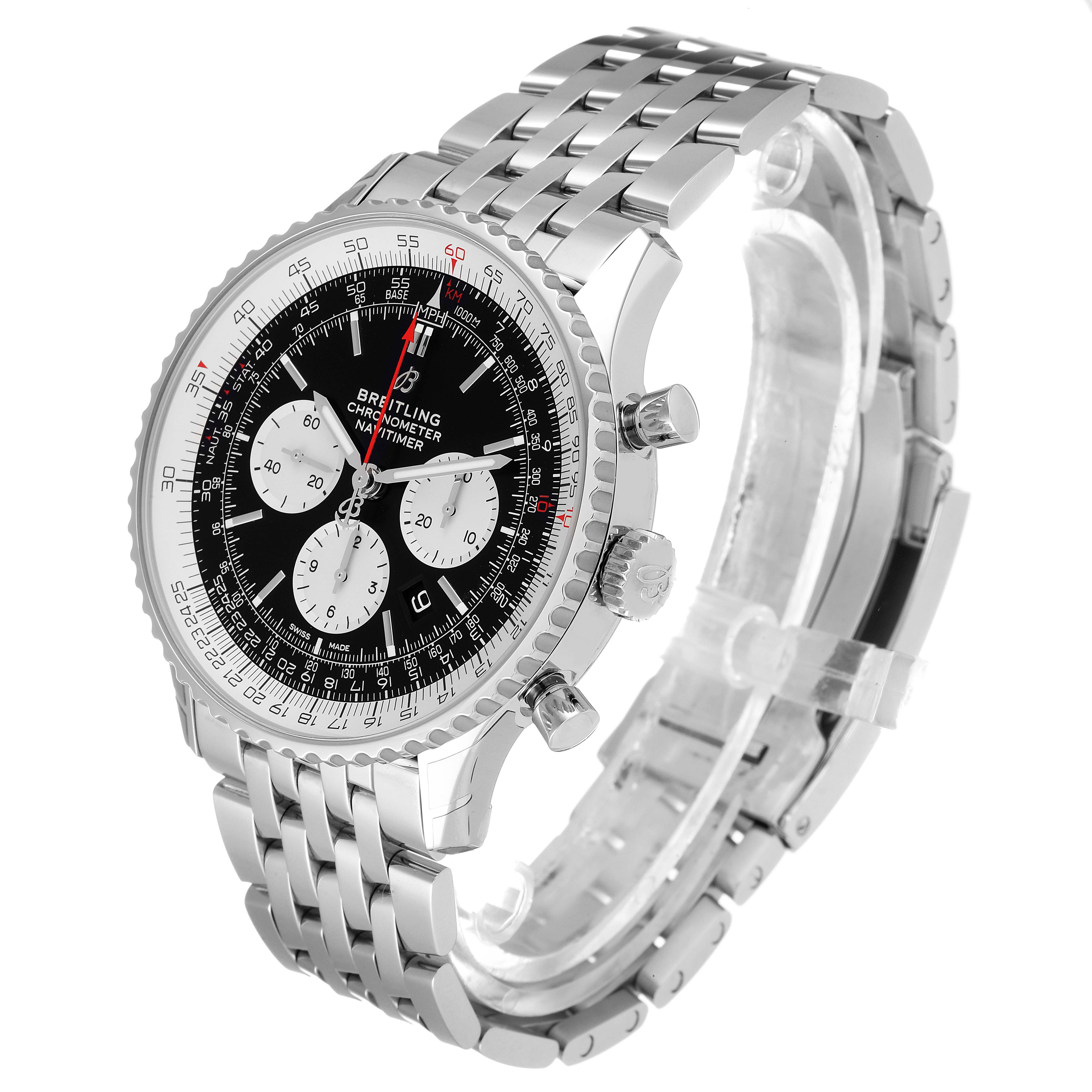 The Breitling Navitimer AB0127-211-B1A1 Men
s Stainless Steel Black Dial AB0127-211-B1A1 Men
s Stainless Steel Black Dial watch is shown at a three-quarter angle, displaying the dial, bezel, bracelet, and side pushers.