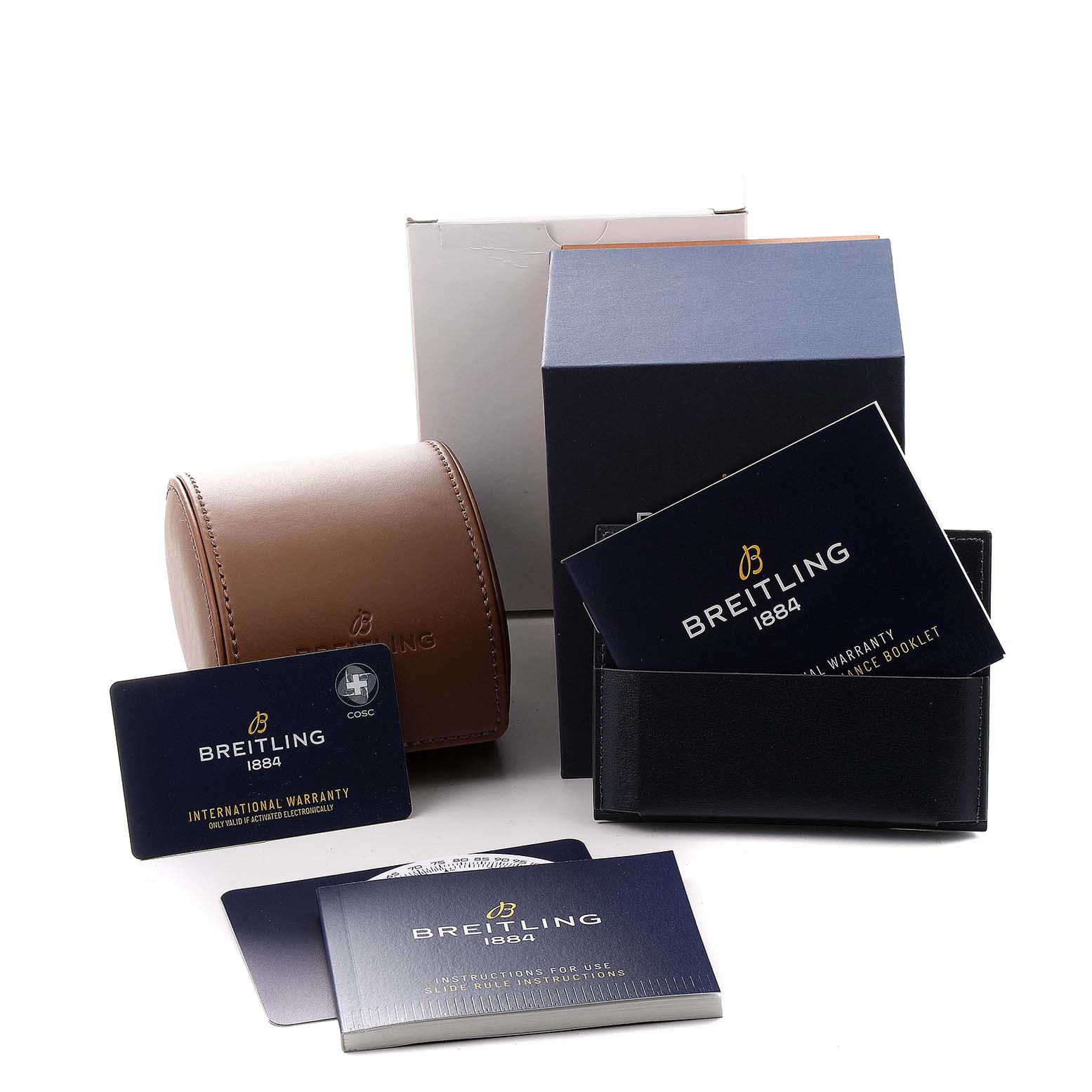 The image shows a Breitling Navitimer AB0127-211-B1A1 Men
s Stainless Steel Black Dial AB0127-211-B1A1 Men
s Stainless Steel Black Dial
s accessories, including a case, warranty cards, and instruction booklets.