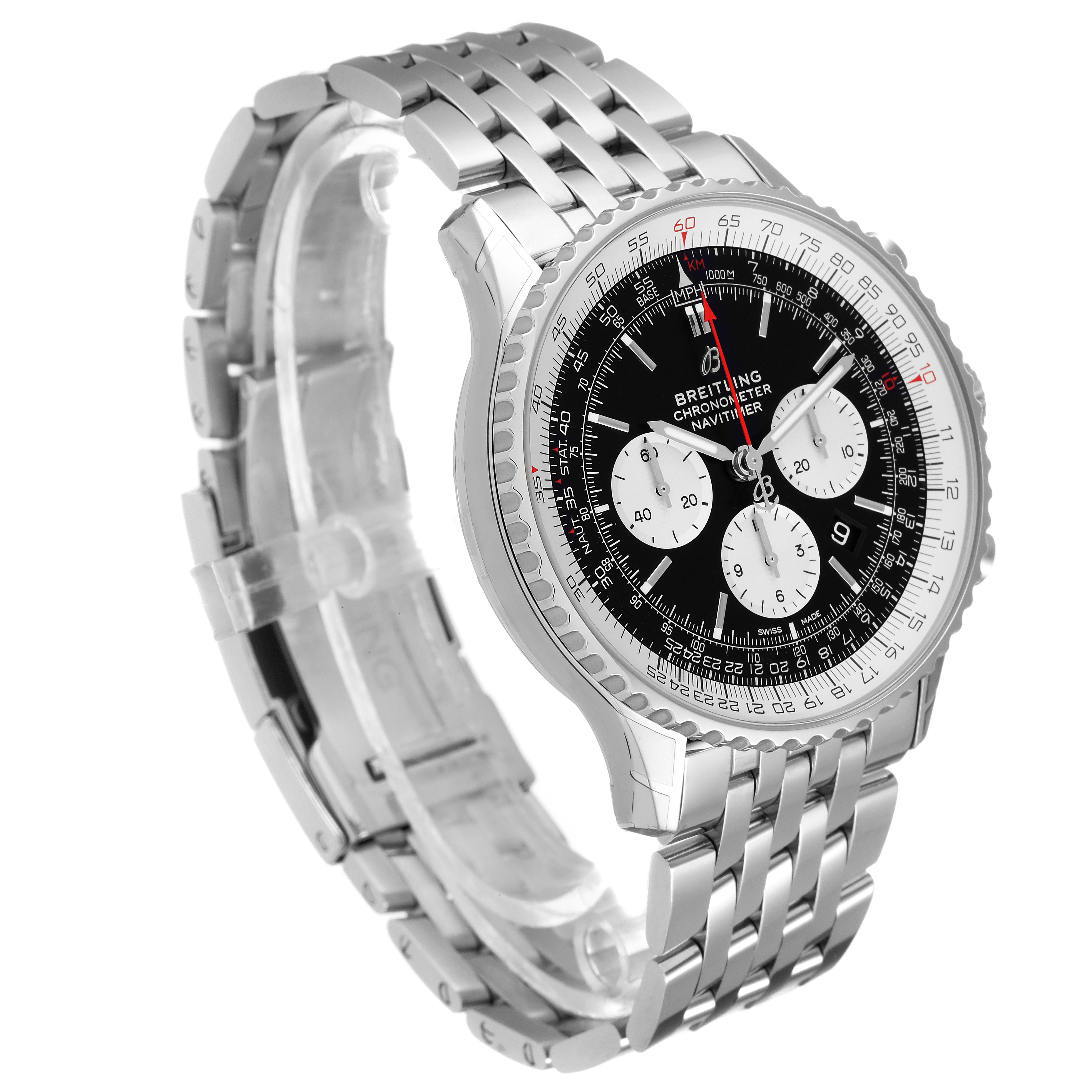 The Breitling Navitimer AB0127-211-B1A1 Men
s Stainless Steel Black Dial AB0127-211-B1A1 Men
s Stainless Steel Black Dial watch is shown from a slightly tilted front angle, highlighting its dial, bezel, and metal bracelet.