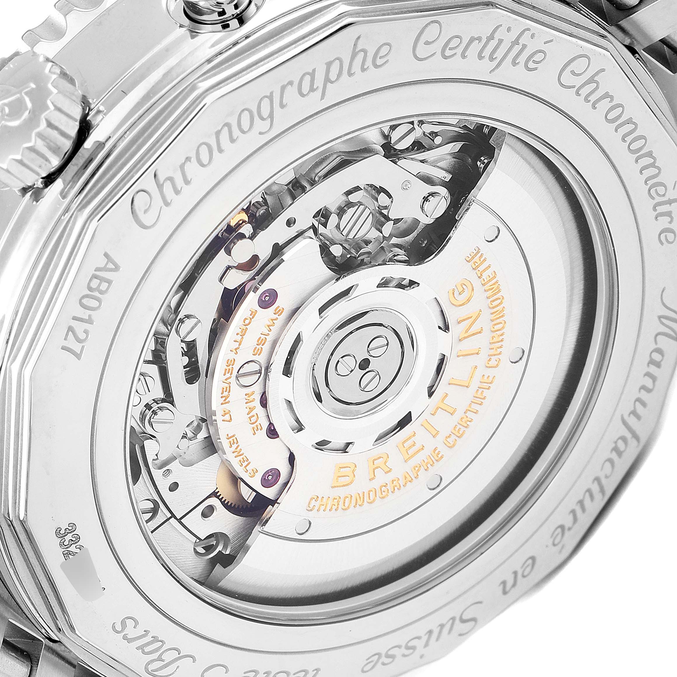 This image shows the case back and intricate inner mechanisms of the Breitling Navitimer AB0127-211-B1A1 Men
s Stainless Steel Black Dial AB0127-211-B1A1 Men
s Stainless Steel Black Dial watch.