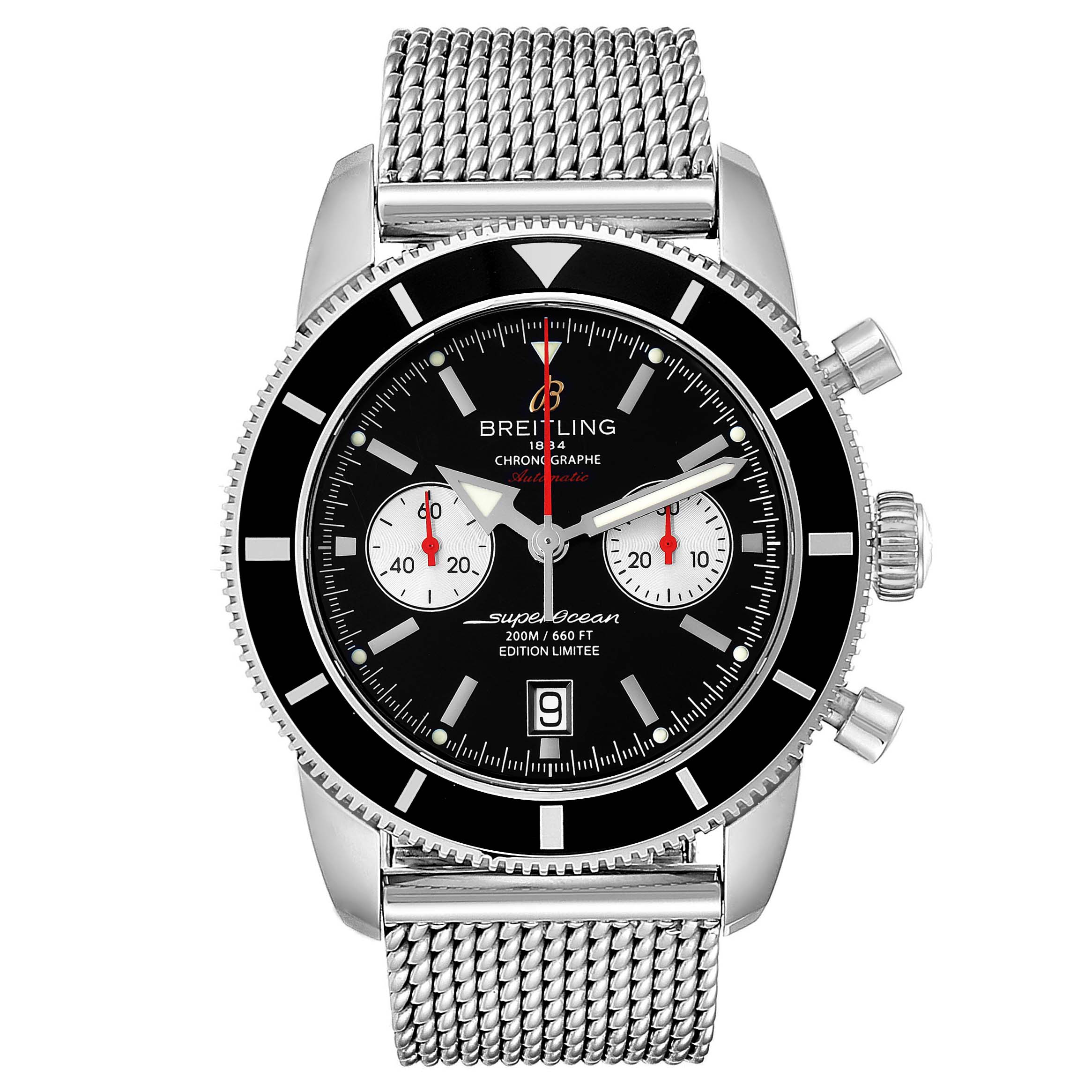 The image shows a Breitling Superocean A23320 Men's Stainless Steel Black Dial A23320 Men's Stainless Steel Black Dial watch from a front angle, displaying the face, bezel, crown, pushers, and metal strap.