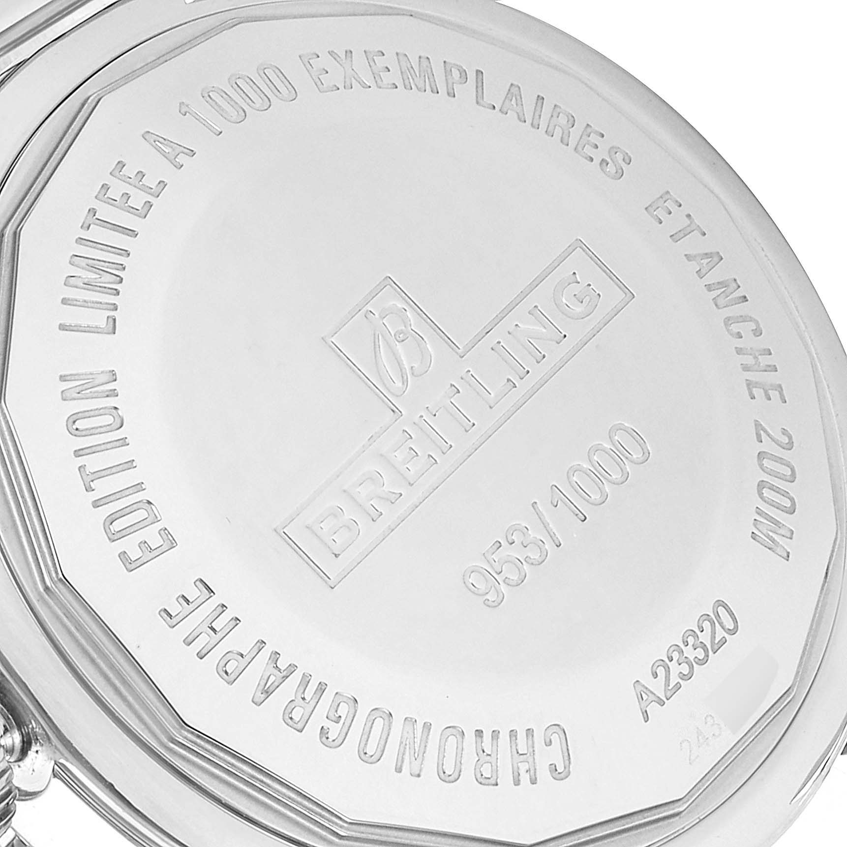 The image shows the case back of a Breitling Superocean A23320 Men's Stainless Steel Black Dial A23320 Men's Stainless Steel Black Dial model, highlighting its limited edition number and water resistance.