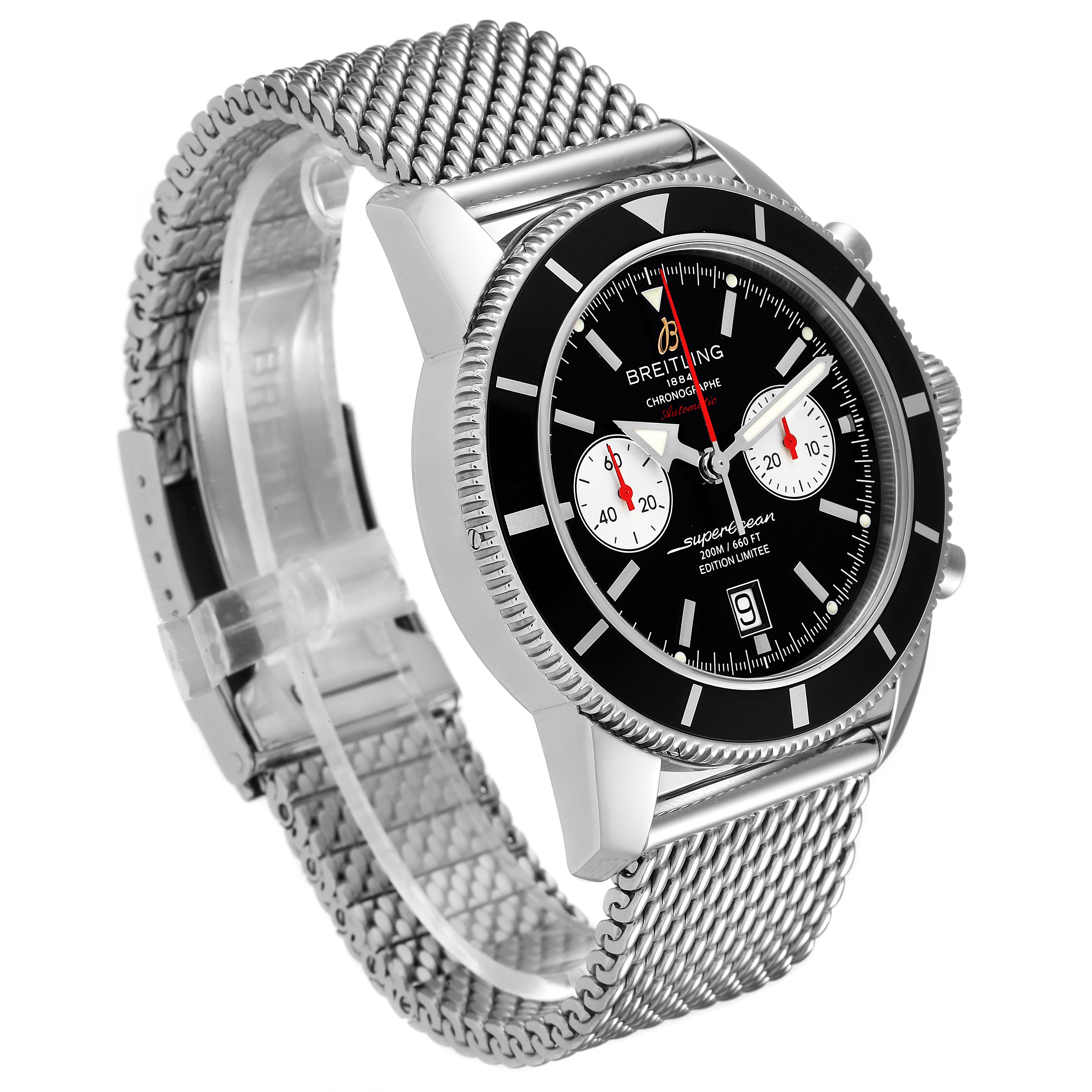 The Breitling Superocean A23320 Men's Stainless Steel Black Dial A23320 Men's Stainless Steel Black Dial watch is shown at an angle displaying its face, bezel, mesh band, and side buttons.