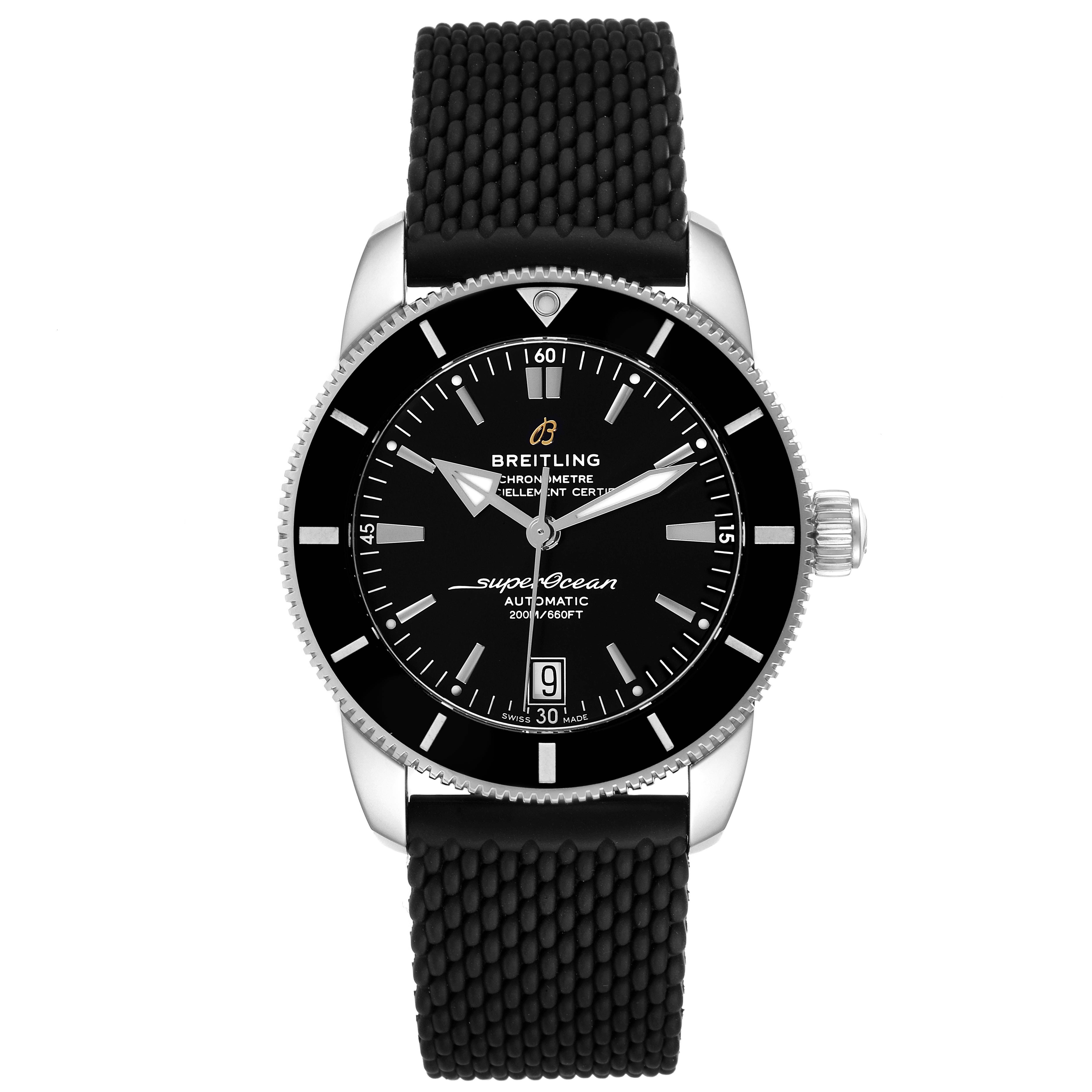 The image shows a front view of the Breitling Superocean AB2010 Men's Stainless Steel Black Dial AB2010 Men's Stainless Steel Black Dial watch, displaying its black dial, bezel, and textured black strap.