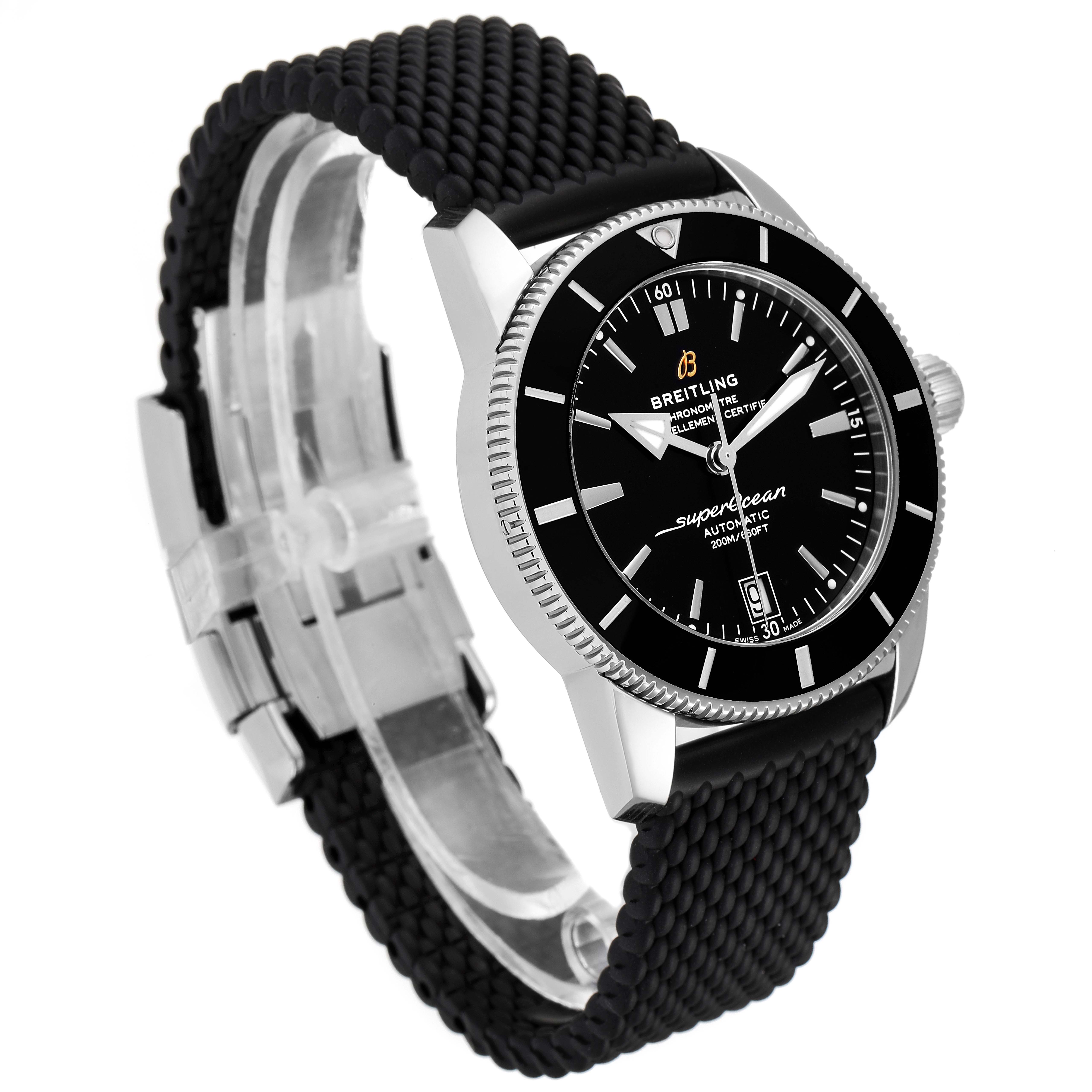 This image shows a side-angle view of the Breitling Superocean AB2010 Men's Stainless Steel Black Dial AB2010 Men's Stainless Steel Black Dial watch, featuring its black dial, bezel, and woven strap.