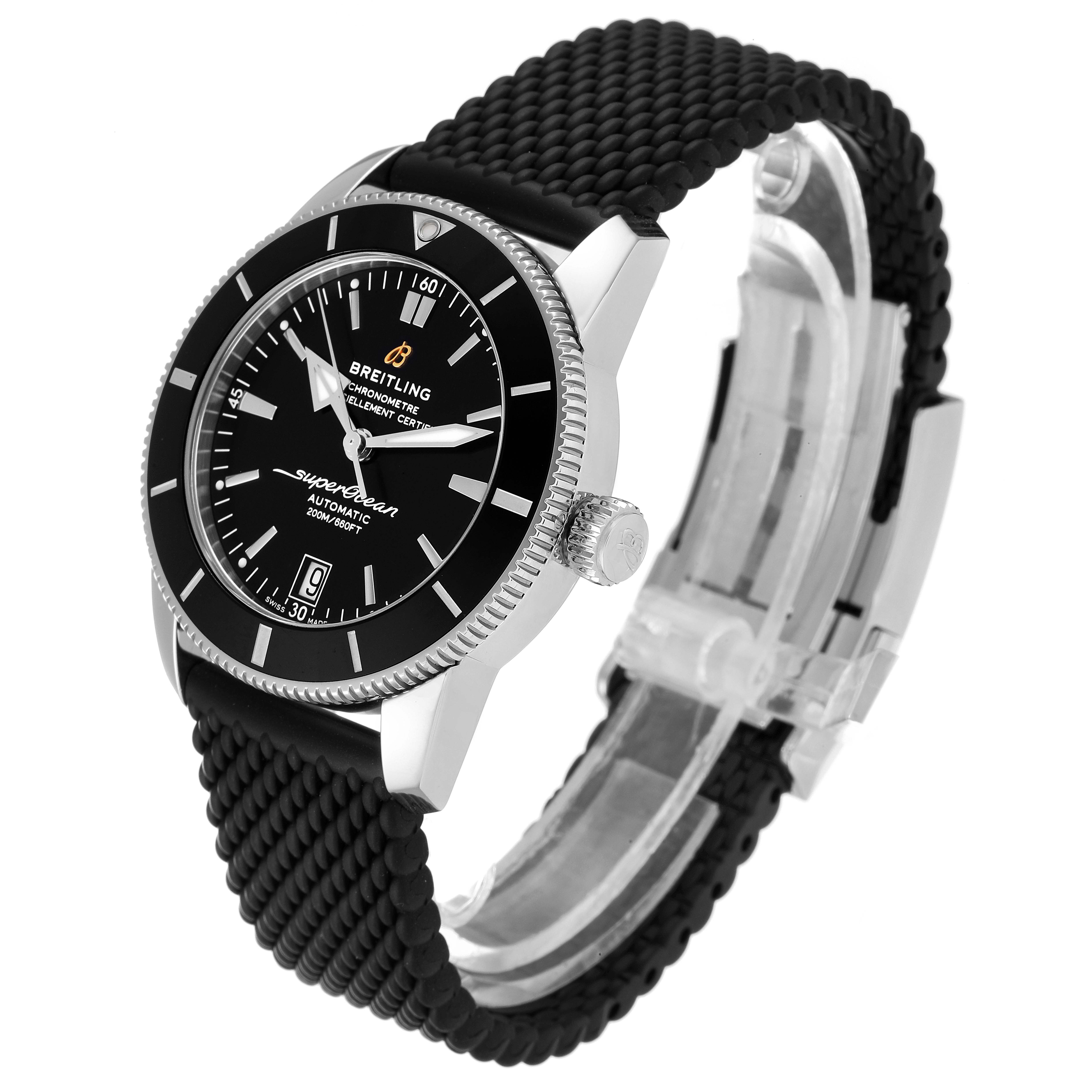 The Breitling Superocean AB2010 Men's Stainless Steel Black Dial AB2010 Men's Stainless Steel Black Dial watch is shown at an angle that highlights the face, bezel, crown, and strap.