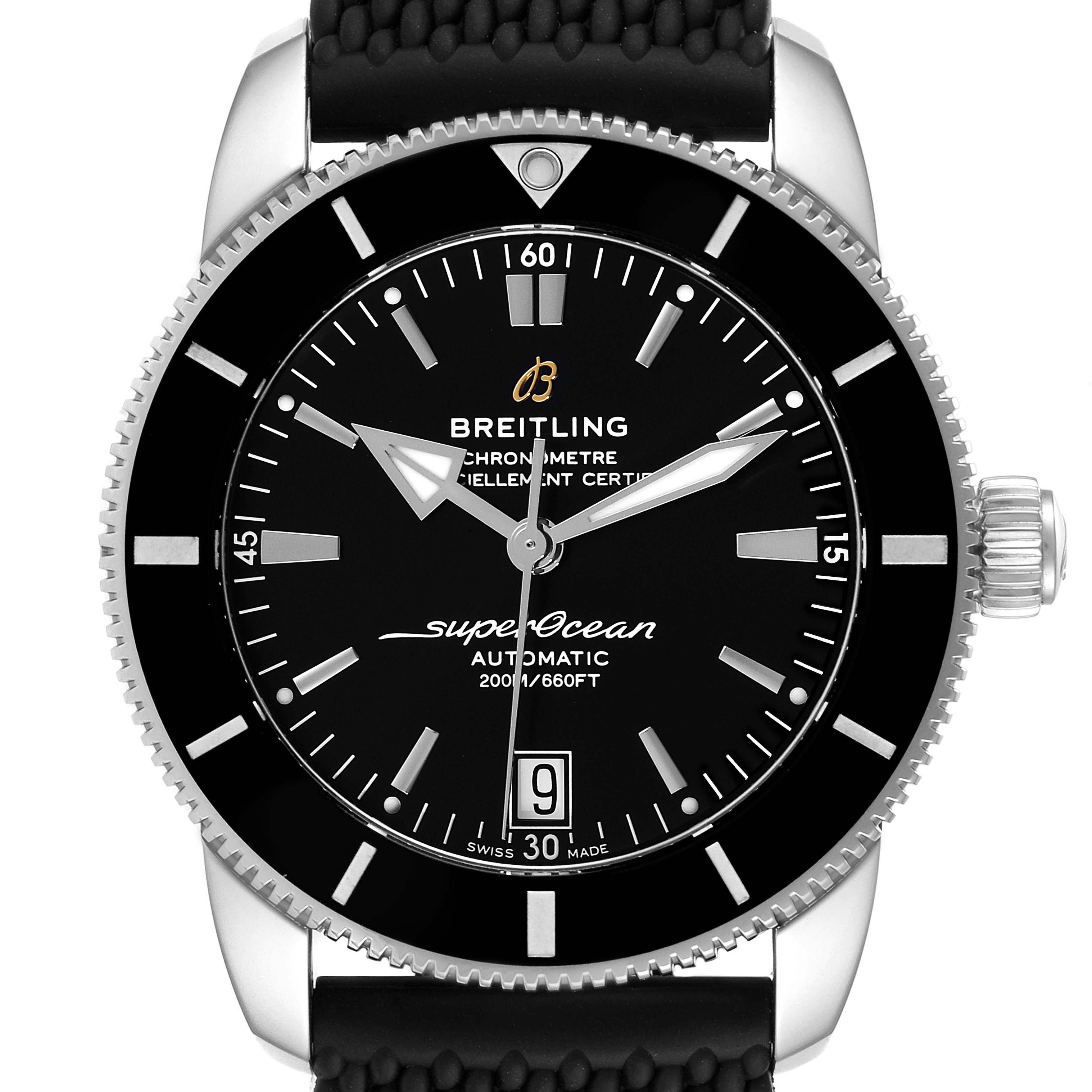 This image shows a front view of a Breitling Superocean AB2010 Men's Stainless Steel Black Dial AB2010 Men's Stainless Steel Black Dial watch, displaying its dial, bezel, crown, and strap.