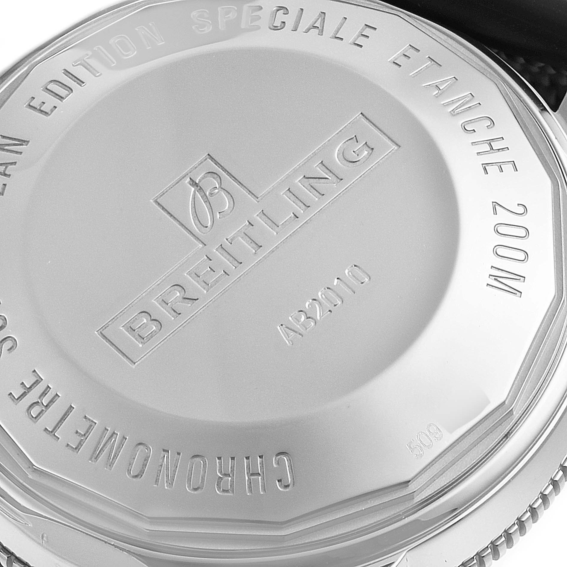 This close-up image shows the case back of a Breitling Superocean AB2010 Men's Stainless Steel Black Dial AB2010 Men's Stainless Steel Black Dial watch, highlighting its engravings and water resistance details.