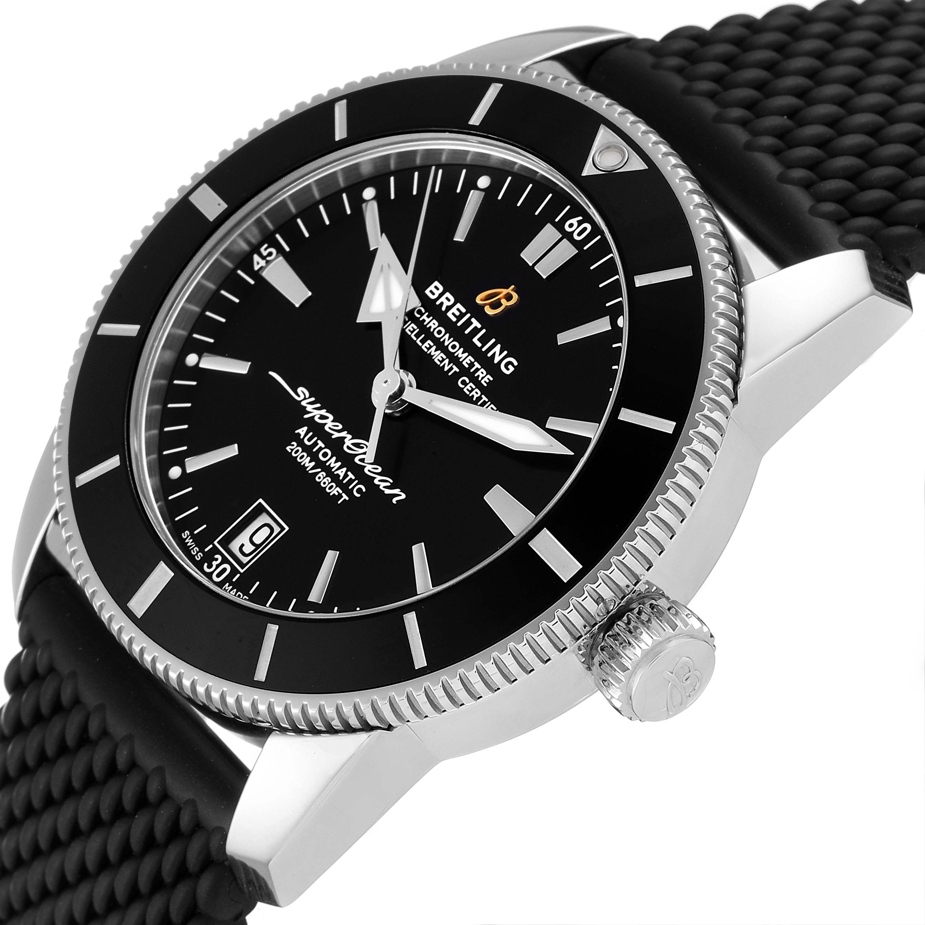 The image shows a close-up side angle of the Breitling Superocean AB2010 Men's Stainless Steel Black Dial AB2010 Men's Stainless Steel Black Dial, highlighting its black dial, bezel, and crown.