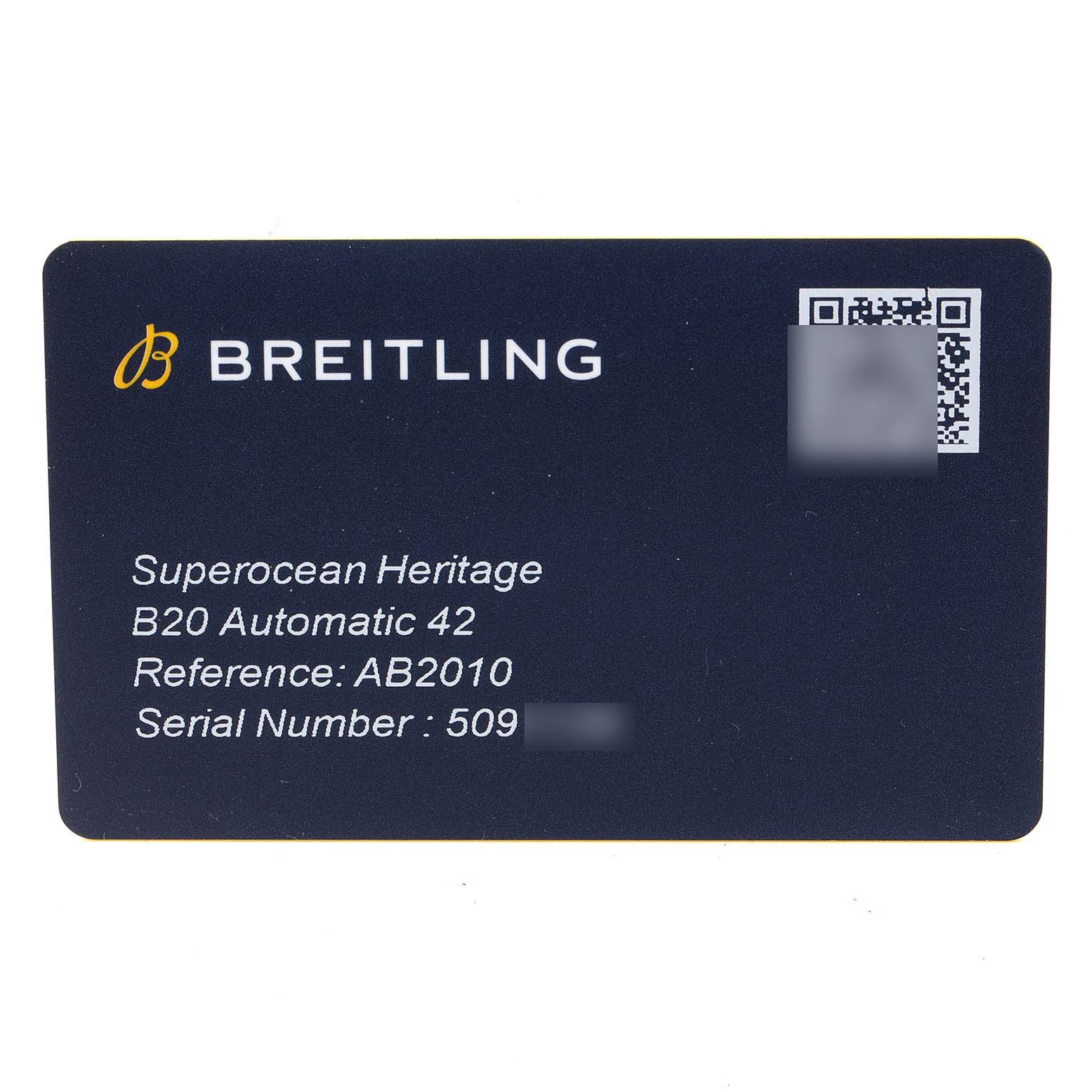 The image shows a Breitling Superocean AB2010 Men's Stainless Steel Black Dial AB2010 Men's Stainless Steel Black Dial Heritage B20 Automatic 42 identification card with model, reference, and serial number details.