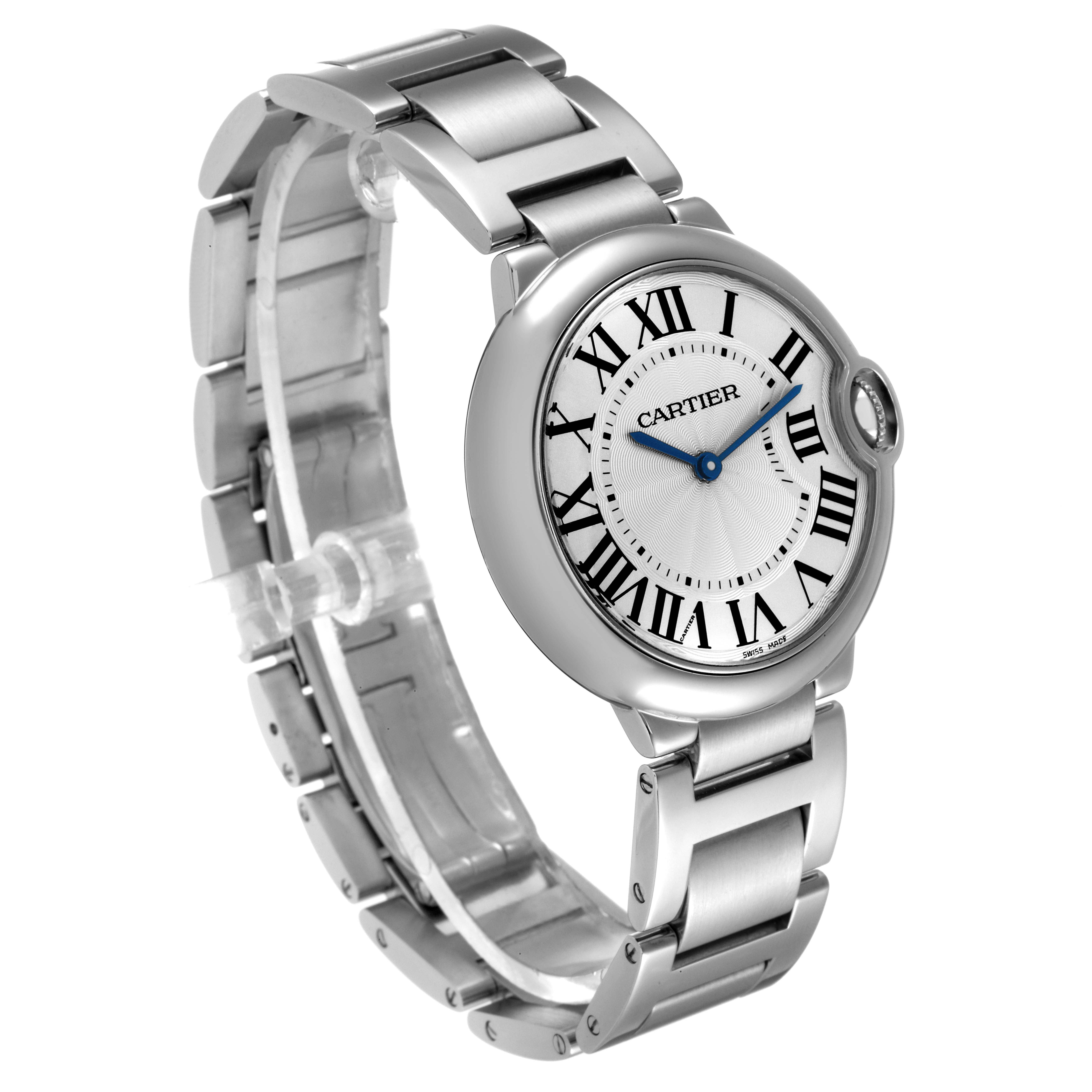 The Cartier Ballon Bleu W69011Z4 Men's Stainless Steel Silver Dial W69011Z4 Men's Stainless Steel Silver Dial watch is shown at a left three-quarter angle, displaying the dial, bracelet, and clasp.