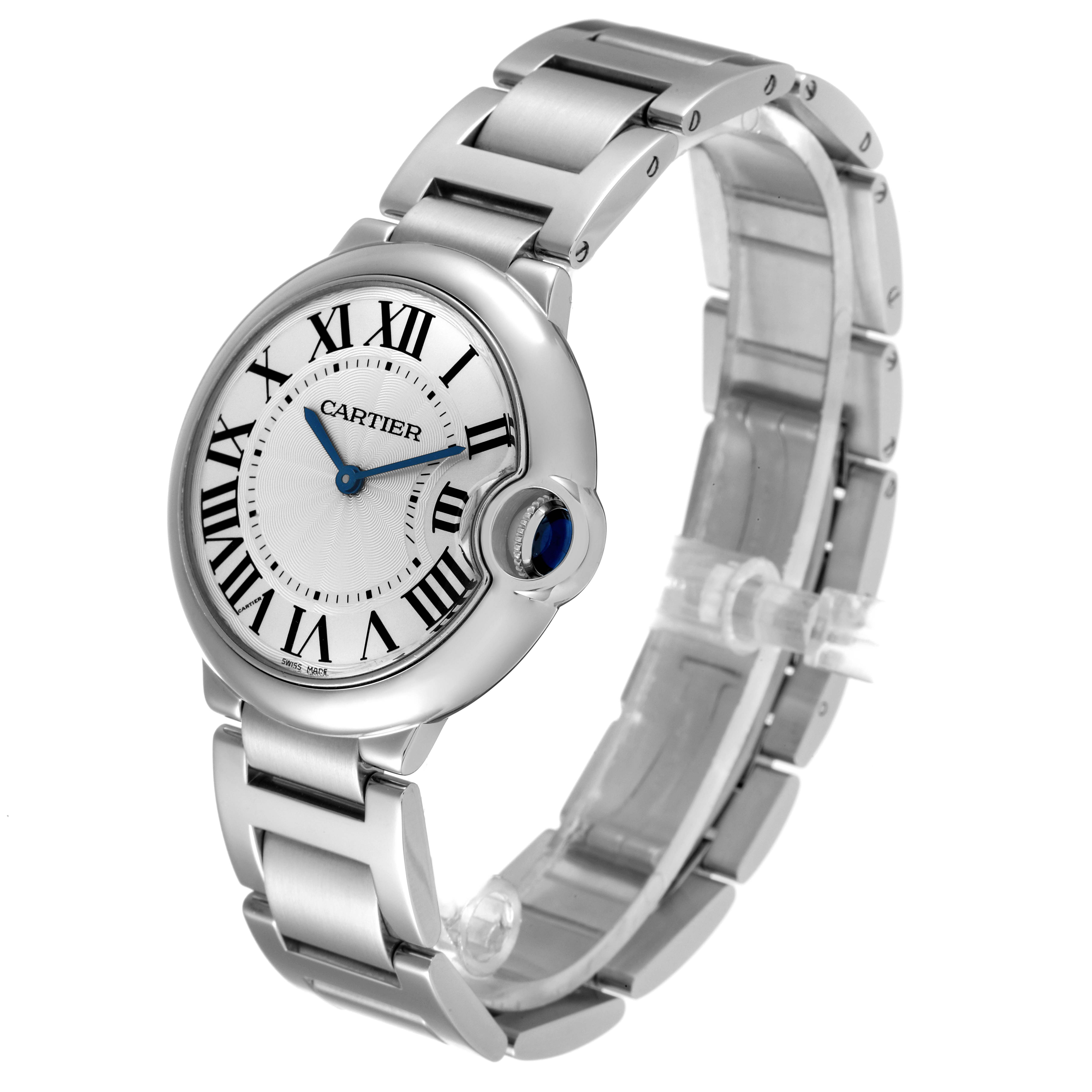 The image shows a Ballon Bleu by Cartier watch, viewed at an angle showcasing the face, crown, and bracelet.