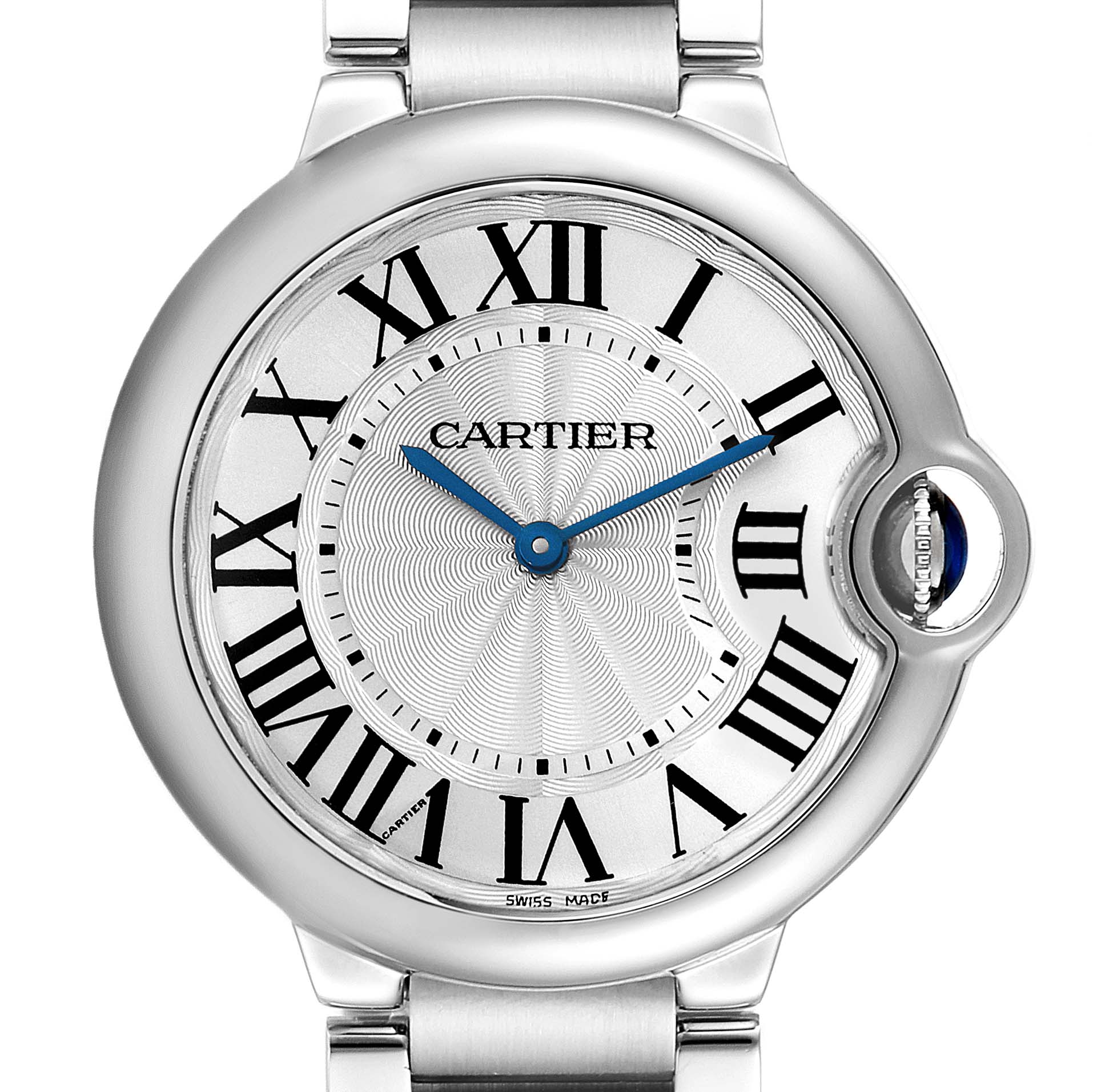 Close-up of the Cartier Ballon Bleu W69011Z4 Men's Stainless Steel Silver Dial W69011Z4 Men's Stainless Steel Silver Dial watch face showing the Roman numerals, silver dial, blue hands, and winding crown with a blue cabochon.