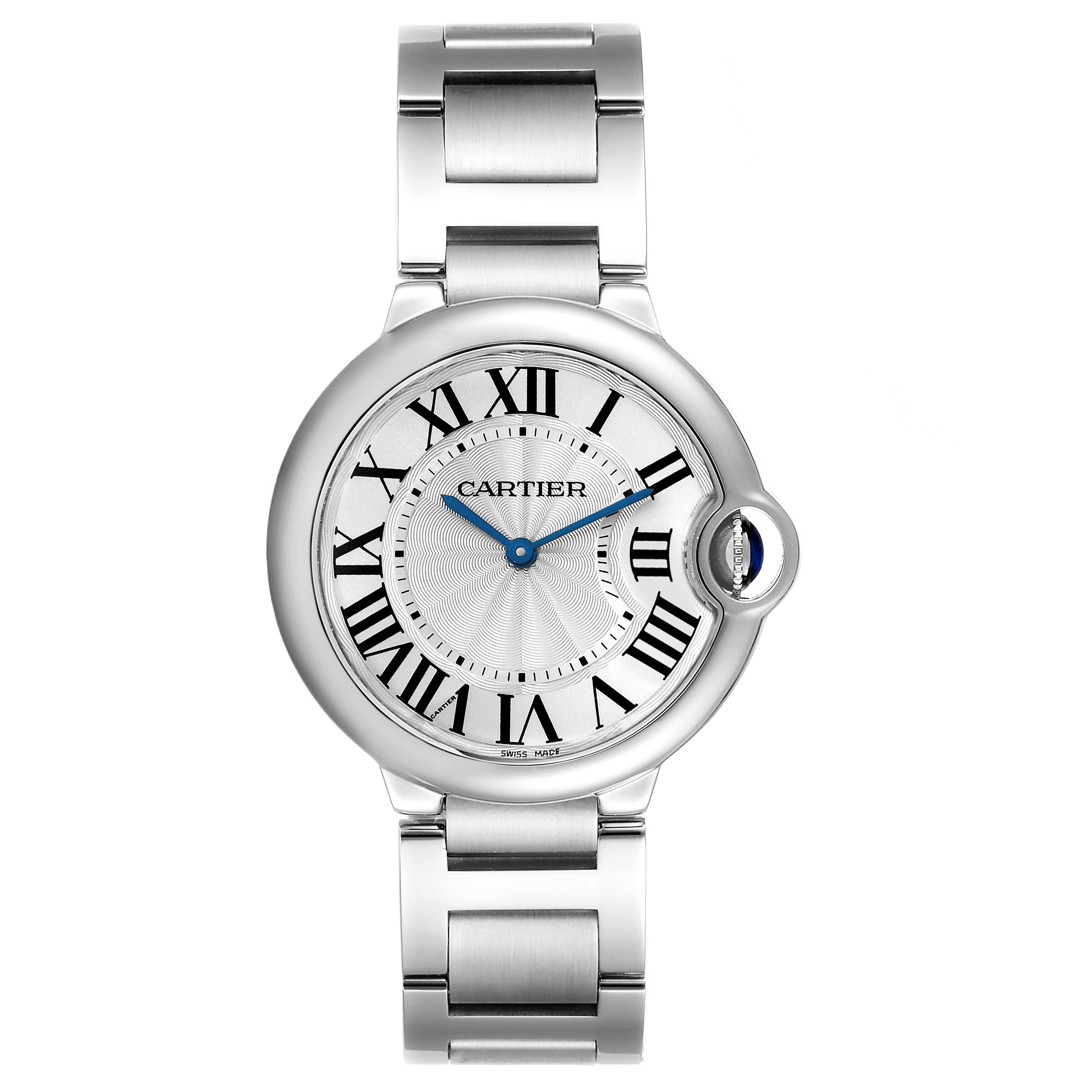 The image shows a front view of the Cartier Ballon Bleu W69011Z4 Men's Stainless Steel Silver Dial W69011Z4 Men's Stainless Steel Silver Dial watch, highlighting its face, roman numerals, and silver bracelet.