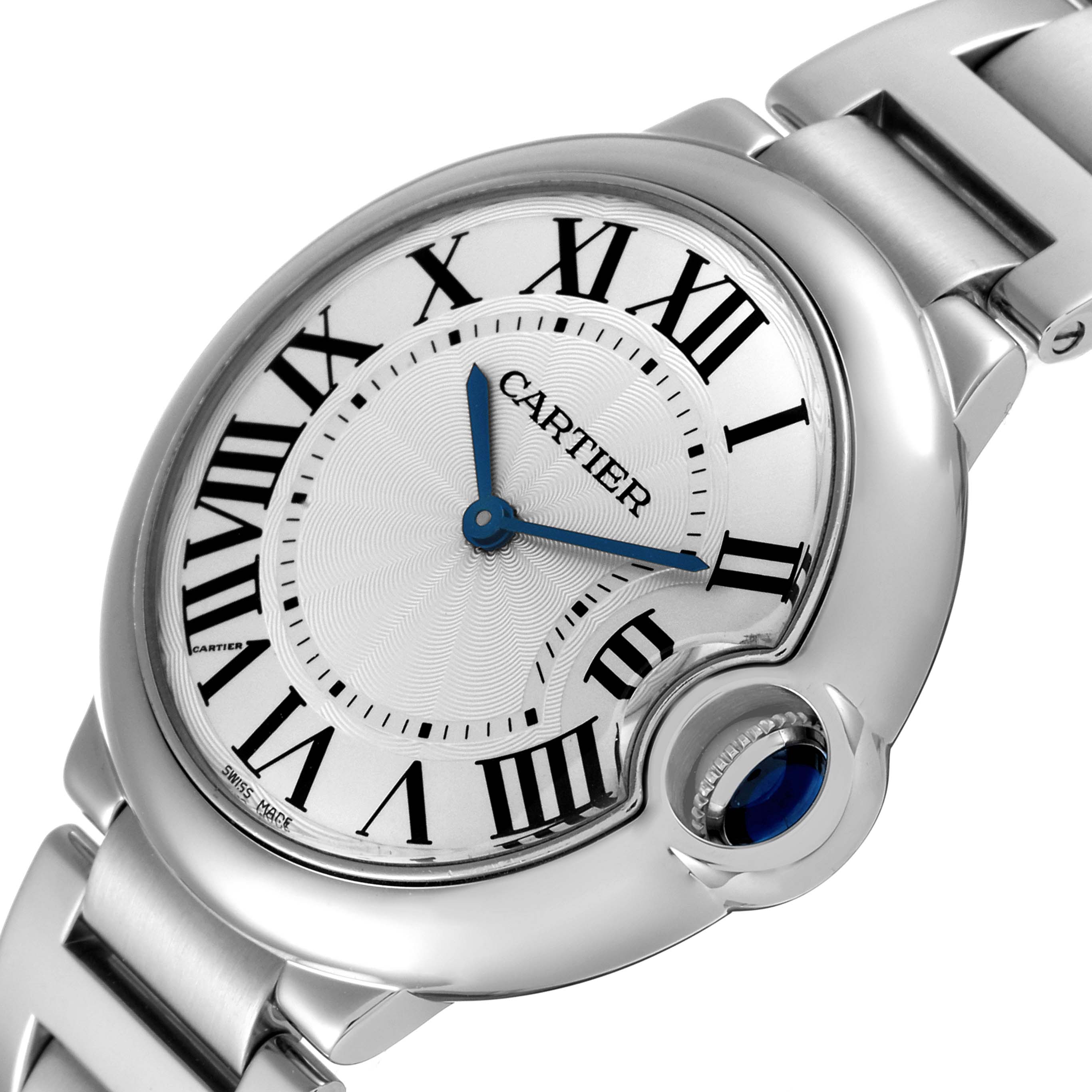 The image shows a close-up, angled view of the Cartier Ballon Bleu W69011Z4 Men's Stainless Steel Silver Dial W69011Z4 Men's Stainless Steel Silver Dial watch, highlighting its dial, hands, and part of the bracelet.