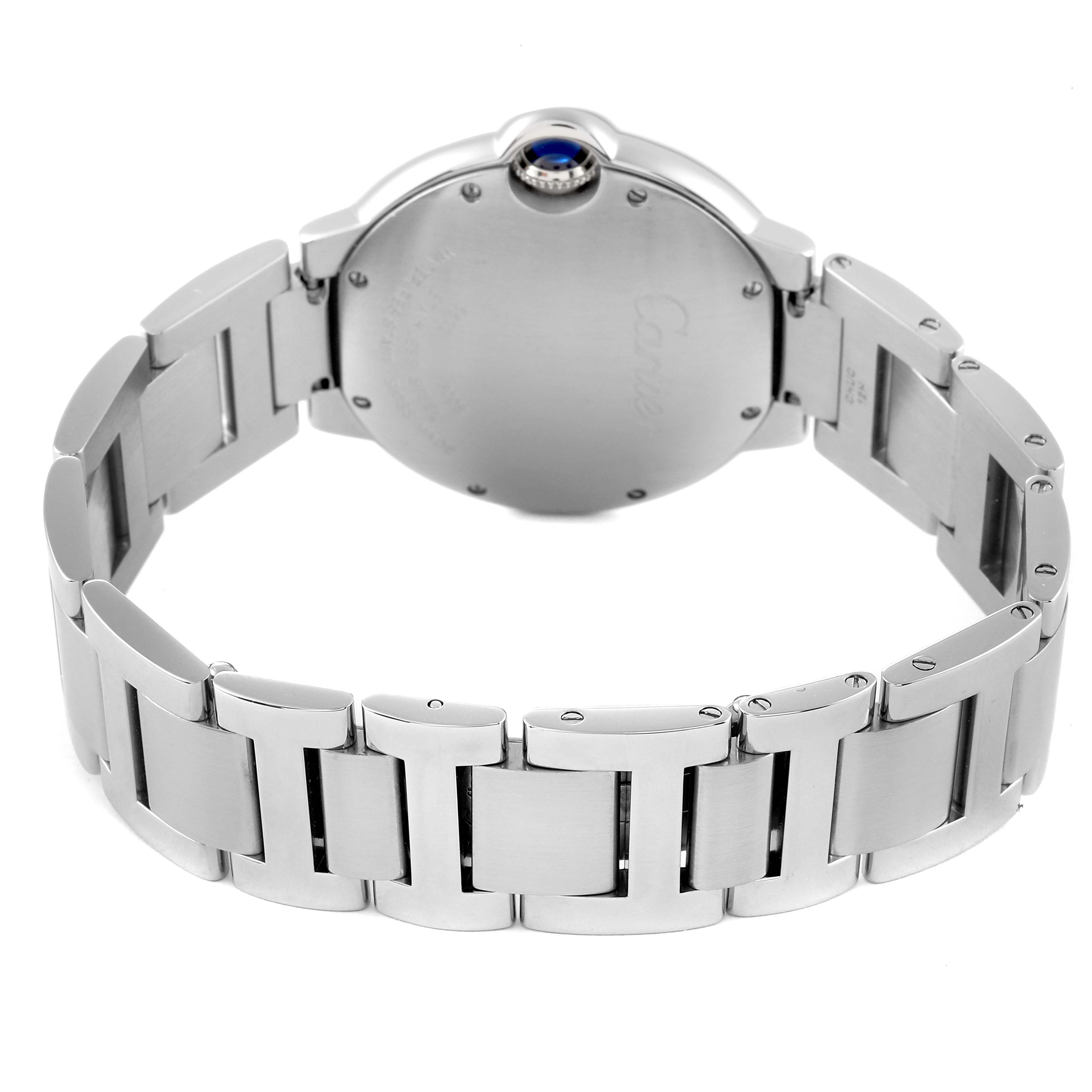 The image shows the back view of a Cartier Ballon Bleu W69011Z4 Men's Stainless Steel Silver Dial W69011Z4 Men's Stainless Steel Silver Dial watch, highlighting its stainless steel bracelet and case back.