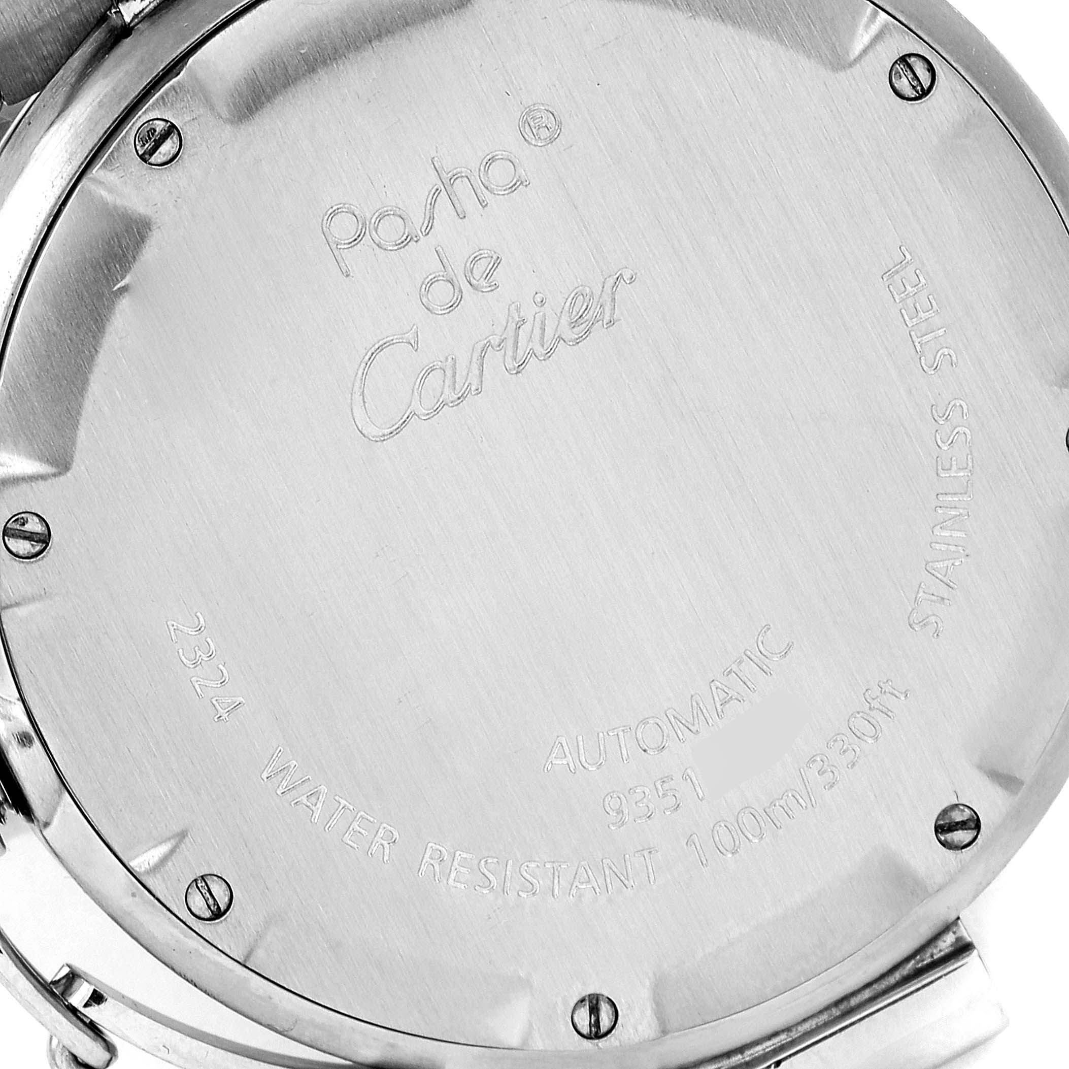 This image shows the case back of the Cartier Pasha W31075M7 Women's Stainless Steel Pink Dial W31075M7 Women's Stainless Steel Pink Dial watch, displaying the brand and model engravings along with specifications.