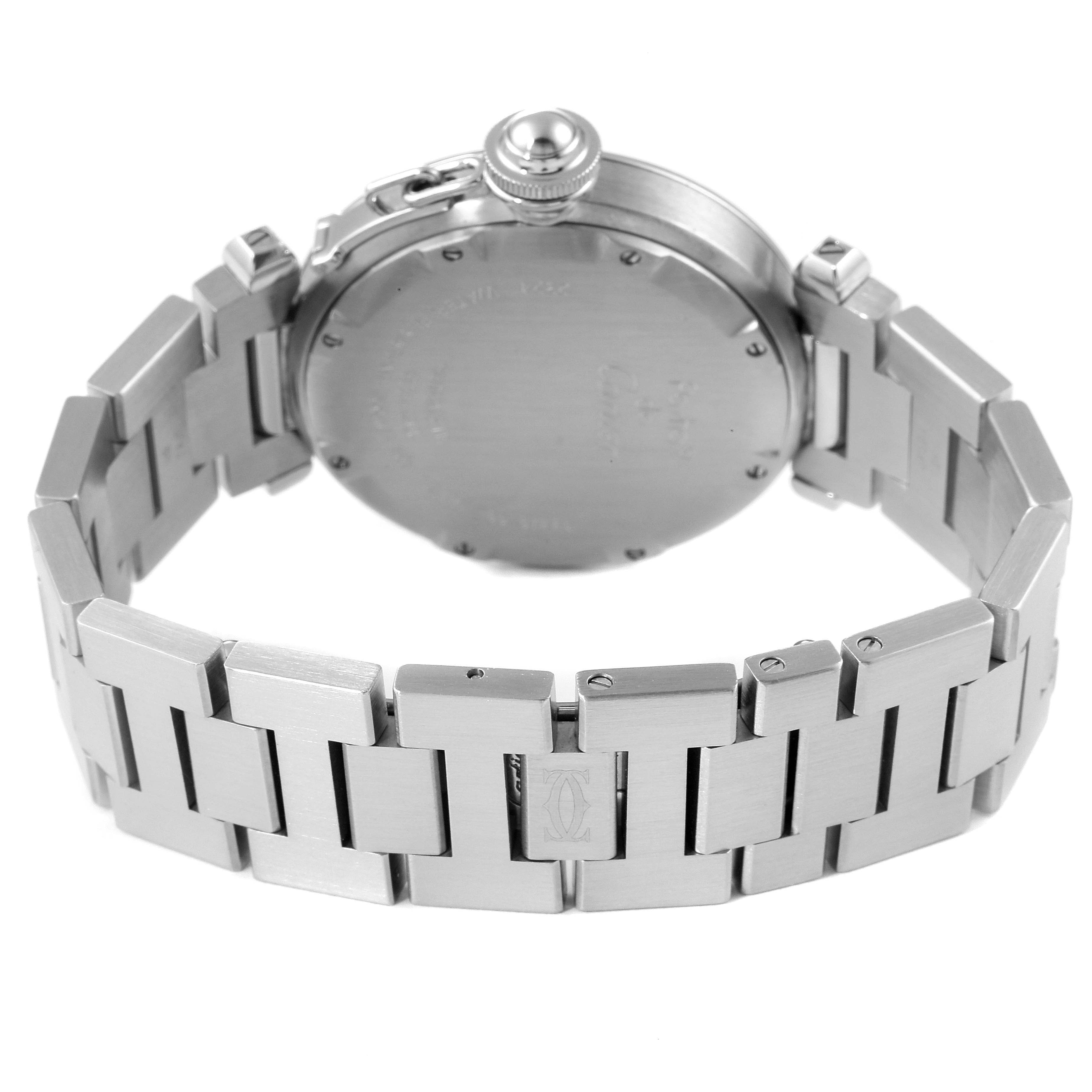 The image shows the back view of a Cartier Pasha W31075M7 Women's Stainless Steel Pink Dial W31075M7 Women's Stainless Steel Pink Dial watch, highlighting its case back and bracelet links.