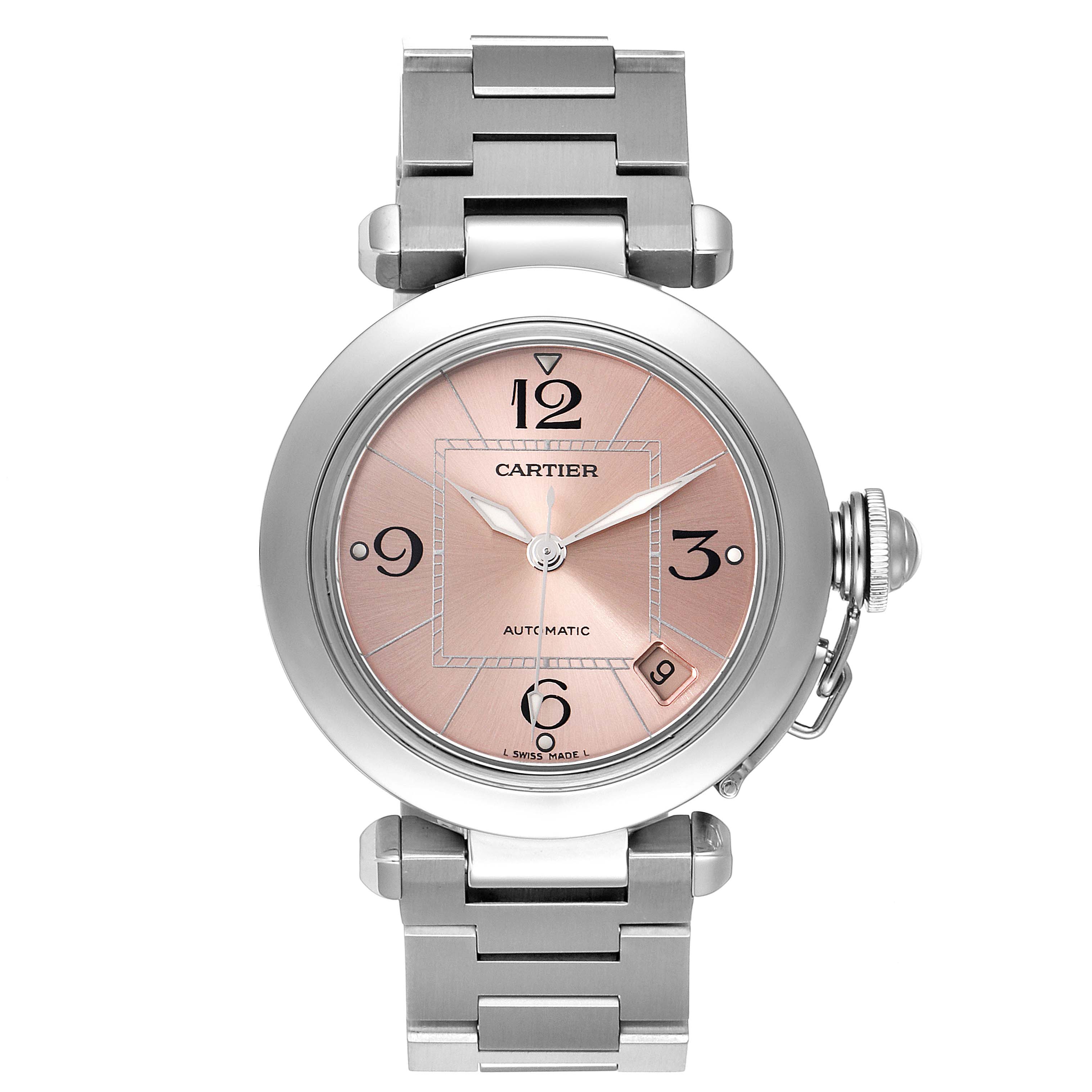 The image shows a front view of a Cartier Pasha W31075M7 Women's Stainless Steel Pink Dial W31075M7 Women's Stainless Steel Pink Dial model watch, displaying its dial, hands, and metal strap.