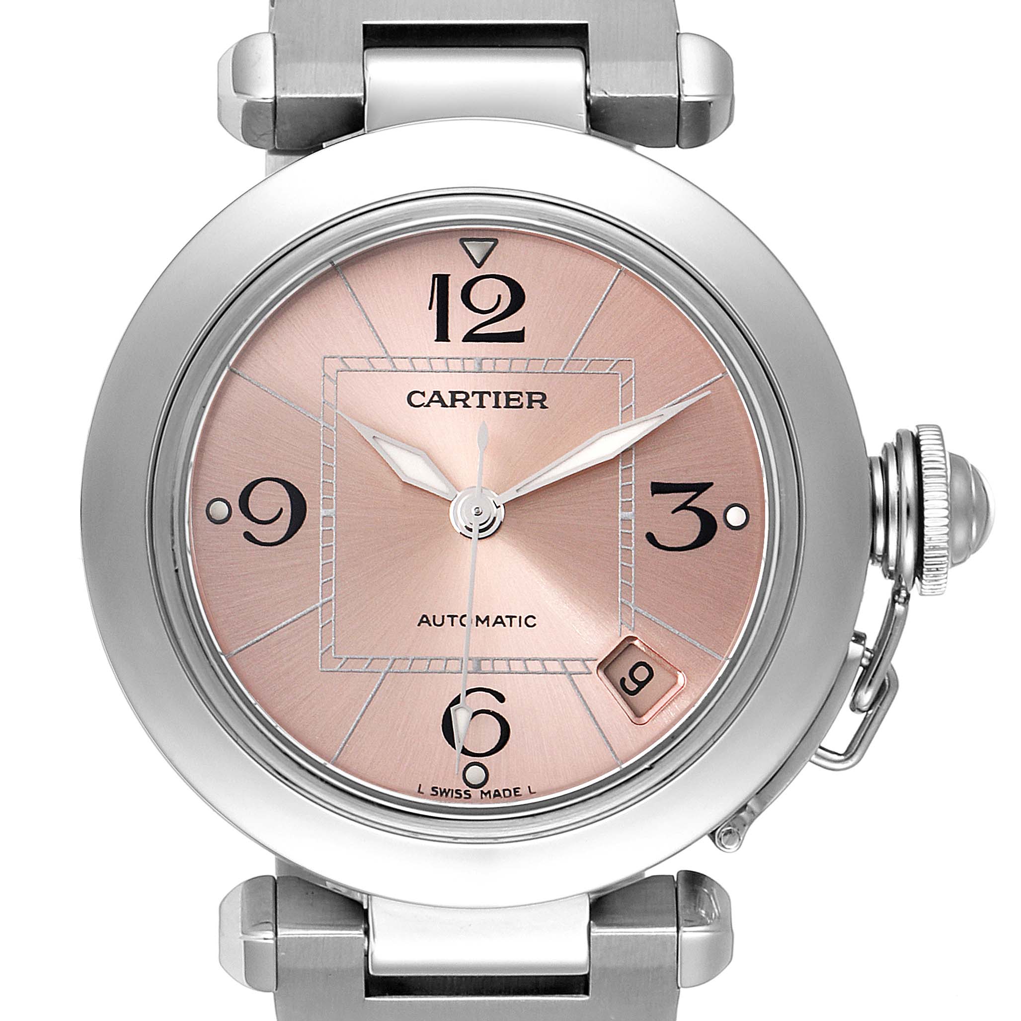 This image shows a front view of the Cartier Pasha W31075M7 Women's Stainless Steel Pink Dial W31075M7 Women's Stainless Steel Pink Dial watch, highlighting its circular face, pink dial, Arabic numerals, and stainless steel casing with a crown guard.