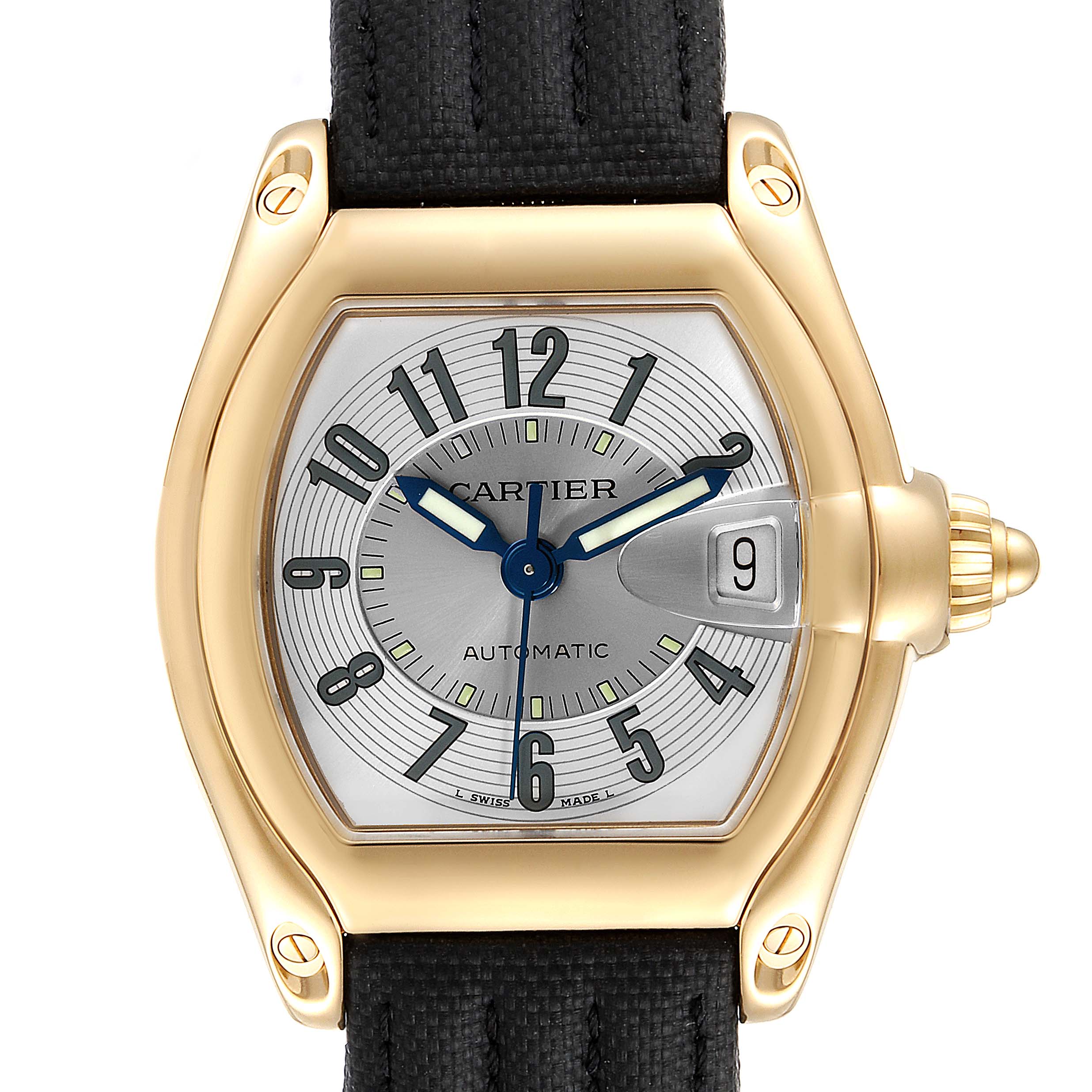 This image shows a frontal view of the Cartier Roadster W62005V2 Men's Yellow Gold Silver Dial W62005V2 Men's Yellow Gold Silver Dial watch, highlighting the dial, case, crown, and part of the black strap.
