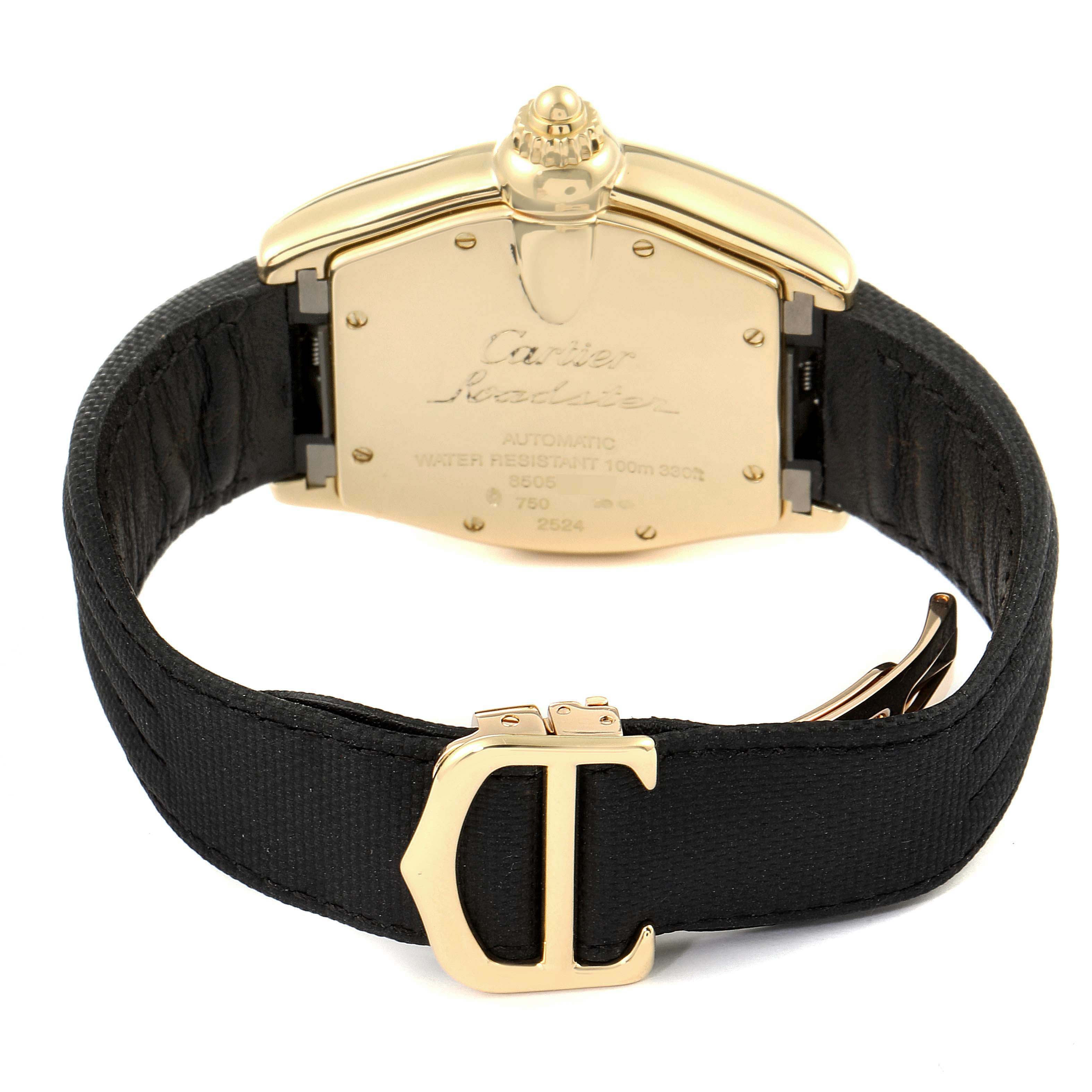 The image shows the back view of a Cartier Roadster W62005V2 Men's Yellow Gold Silver Dial W62005V2 Men's Yellow Gold Silver Dial watch, highlighting its case back and strap buckle.