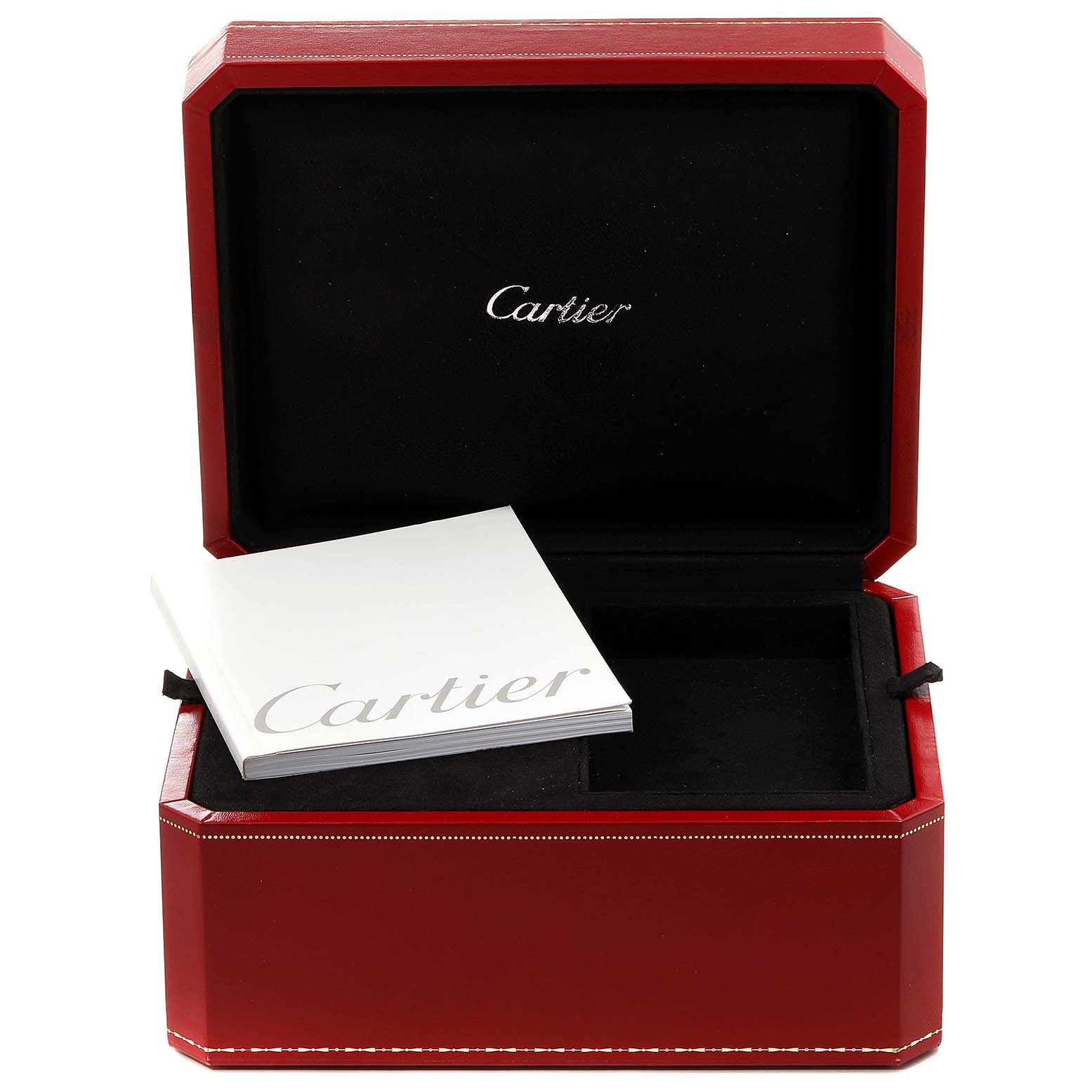 The image shows an open Cartier Roadster W62005V2 Men's Yellow Gold Silver Dial W62005V2 Men's Yellow Gold Silver Dial watch box and a white booklet placed inside.