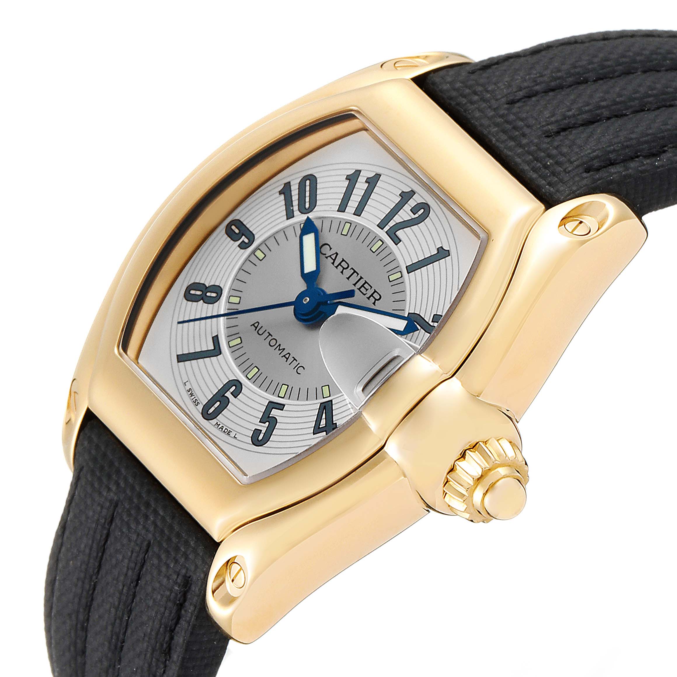 The image shows a Cartier Roadster W62005V2 Men's Yellow Gold Silver Dial W62005V2 Men's Yellow Gold Silver Dial watch angled to highlight the dial, bezel, crown, and part of the strap.