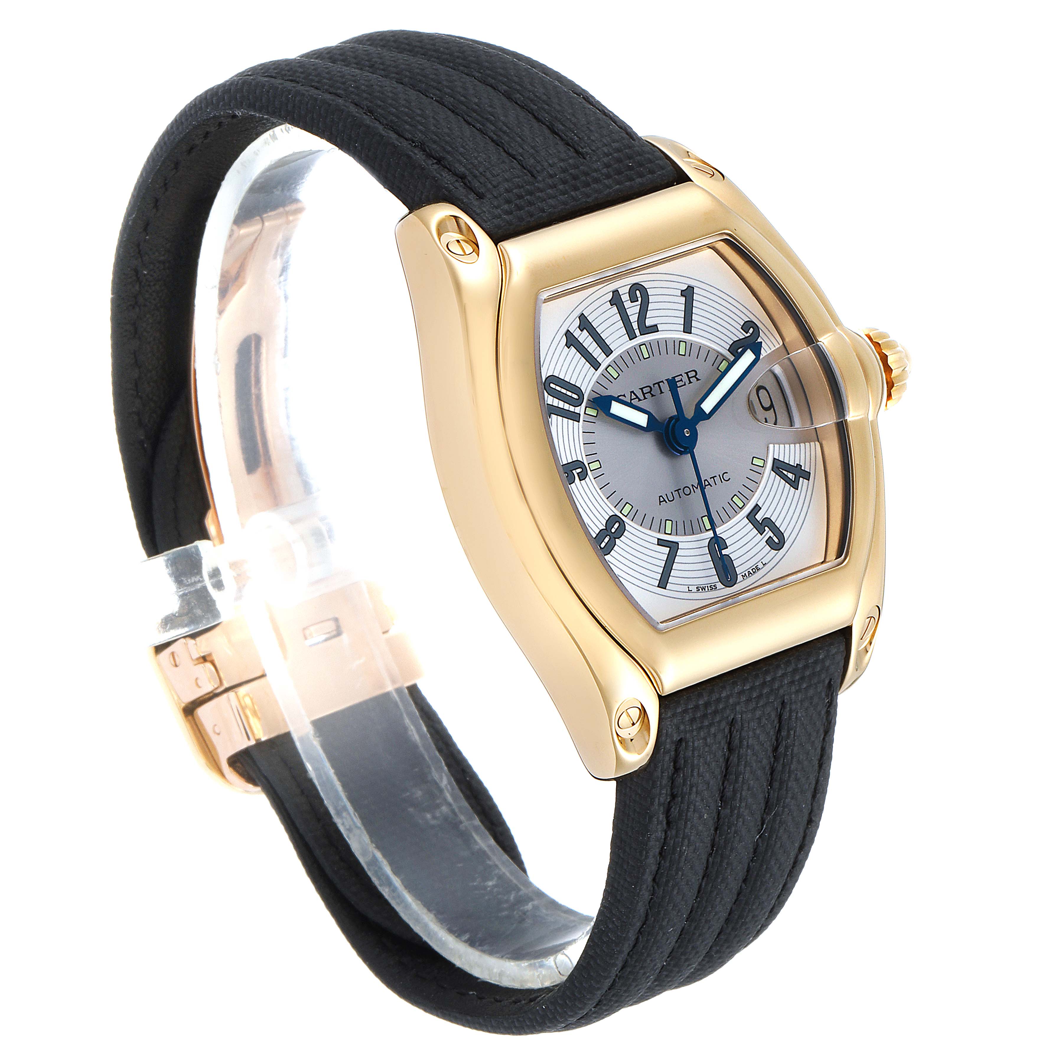 This image shows a Cartier Roadster W62005V2 Men's Yellow Gold Silver Dial W62005V2 Men's Yellow Gold Silver Dial watch at a 3/4 angle, highlighting the face, black strap, and gold casing.