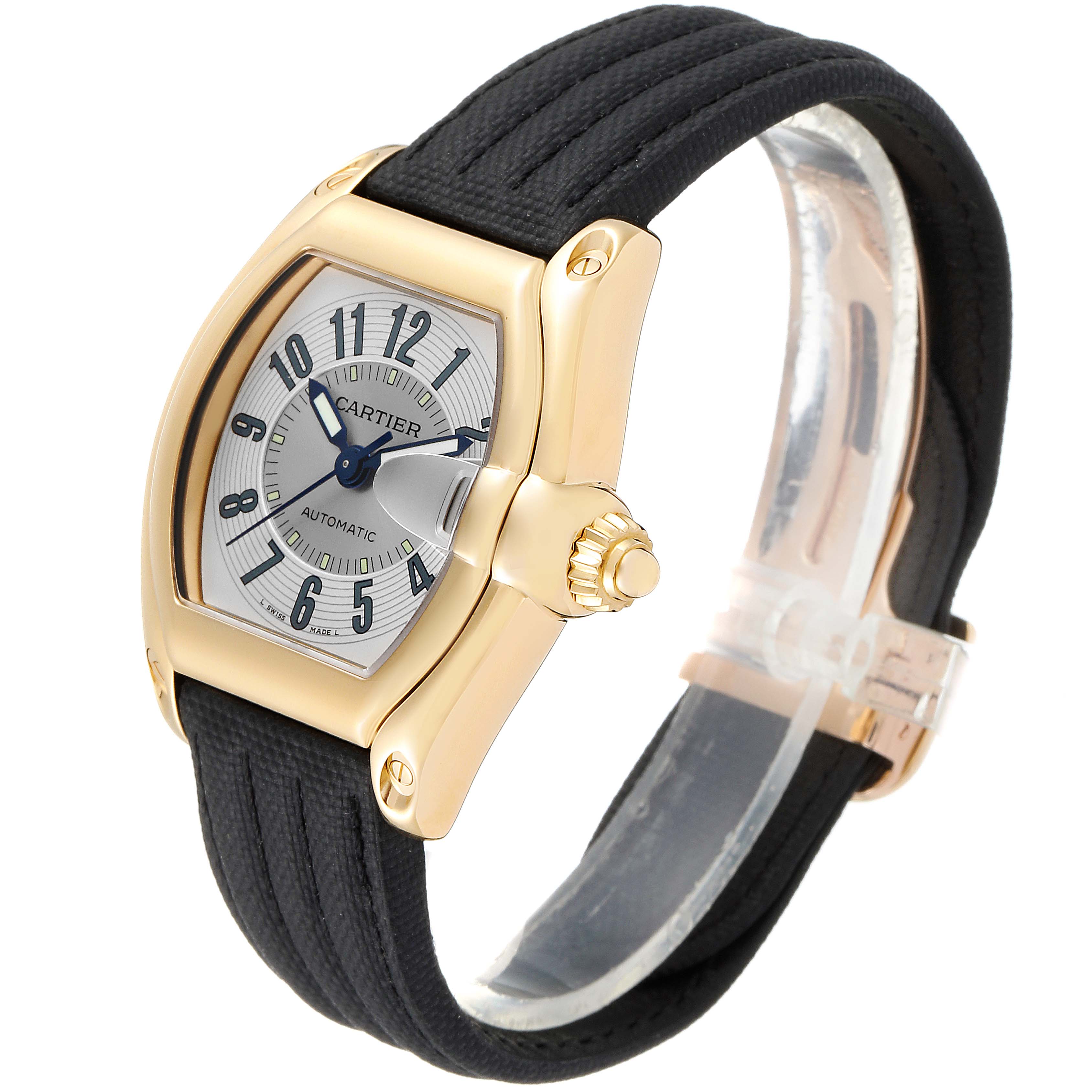 This image shows a Cartier Roadster W62005V2 Men's Yellow Gold Silver Dial W62005V2 Men's Yellow Gold Silver Dial model watch from a side angle, highlighting the face, bezel, crown, and part of the strap.