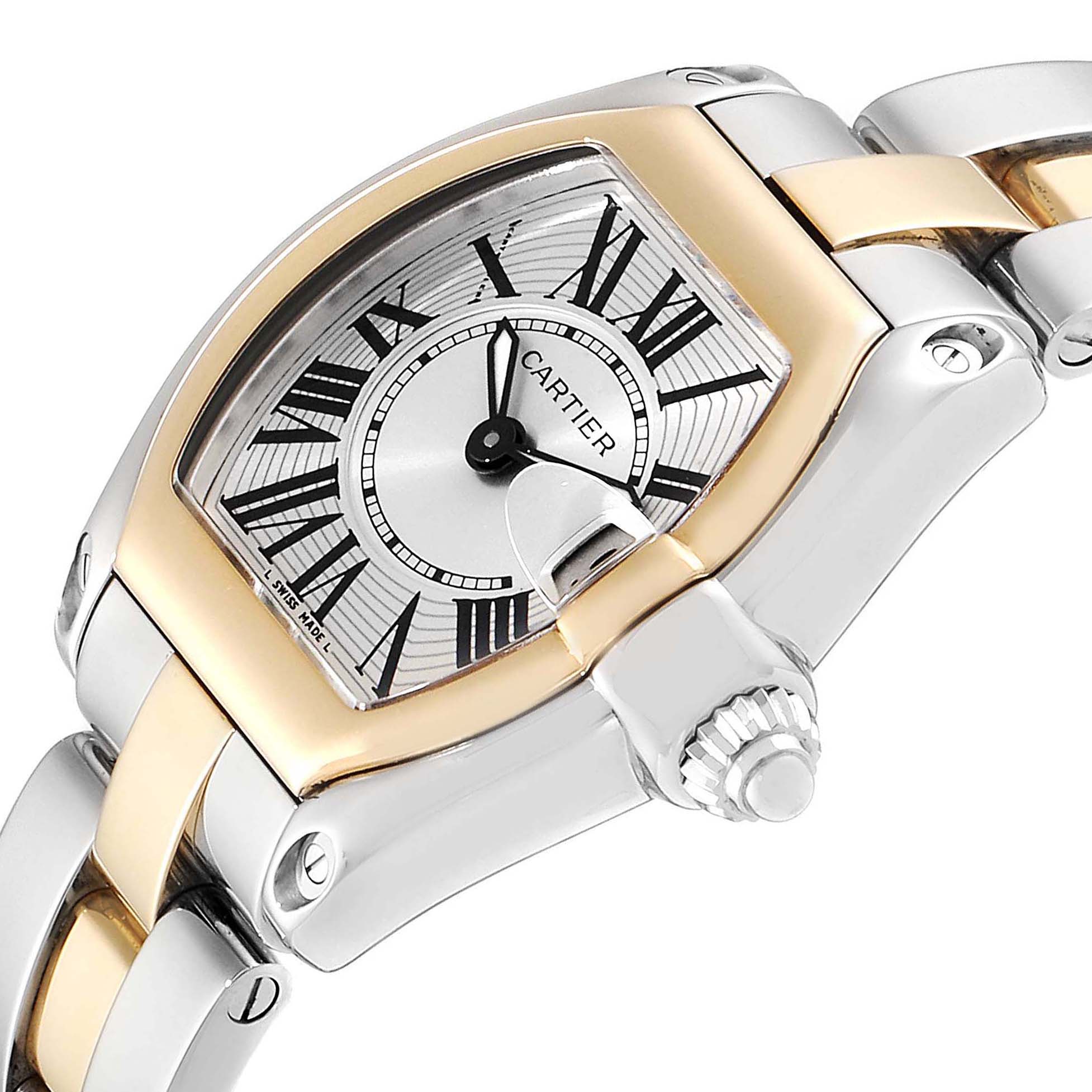 The image shows a close-up side angle of the Cartier Roadster W62026Y4 Women
s Steel and Gold (two tone) Silver Dial W62026Y4 Women
s Steel and Gold (two tone) Silver Dial watch, highlighting the dial, crown, and part of the bracelet.