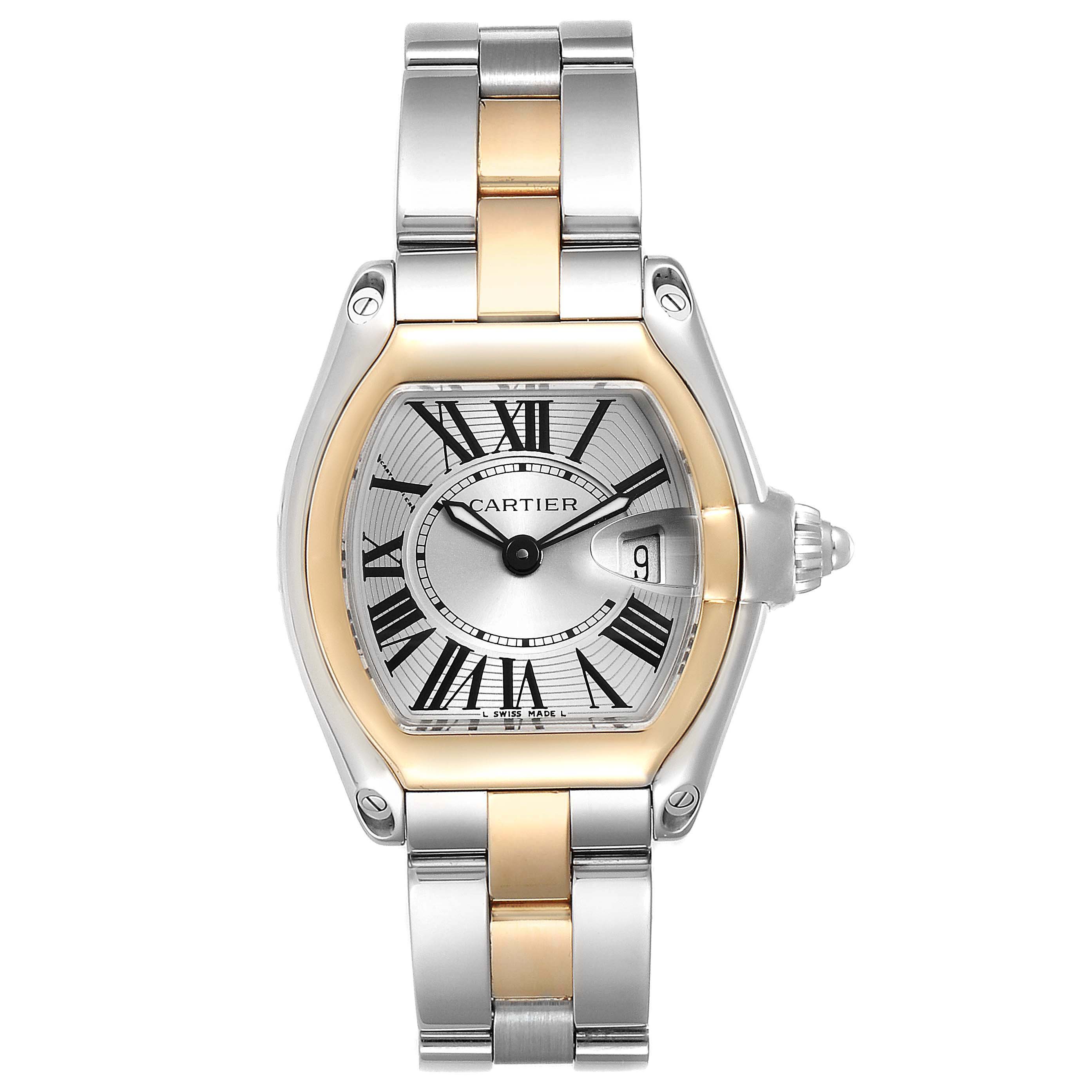 The image shows the face and bracelet of a Cartier Roadster W62026Y4 Women
s Steel and Gold (two tone) Silver Dial W62026Y4 Women
s Steel and Gold (two tone) Silver Dial watch in a frontal view.