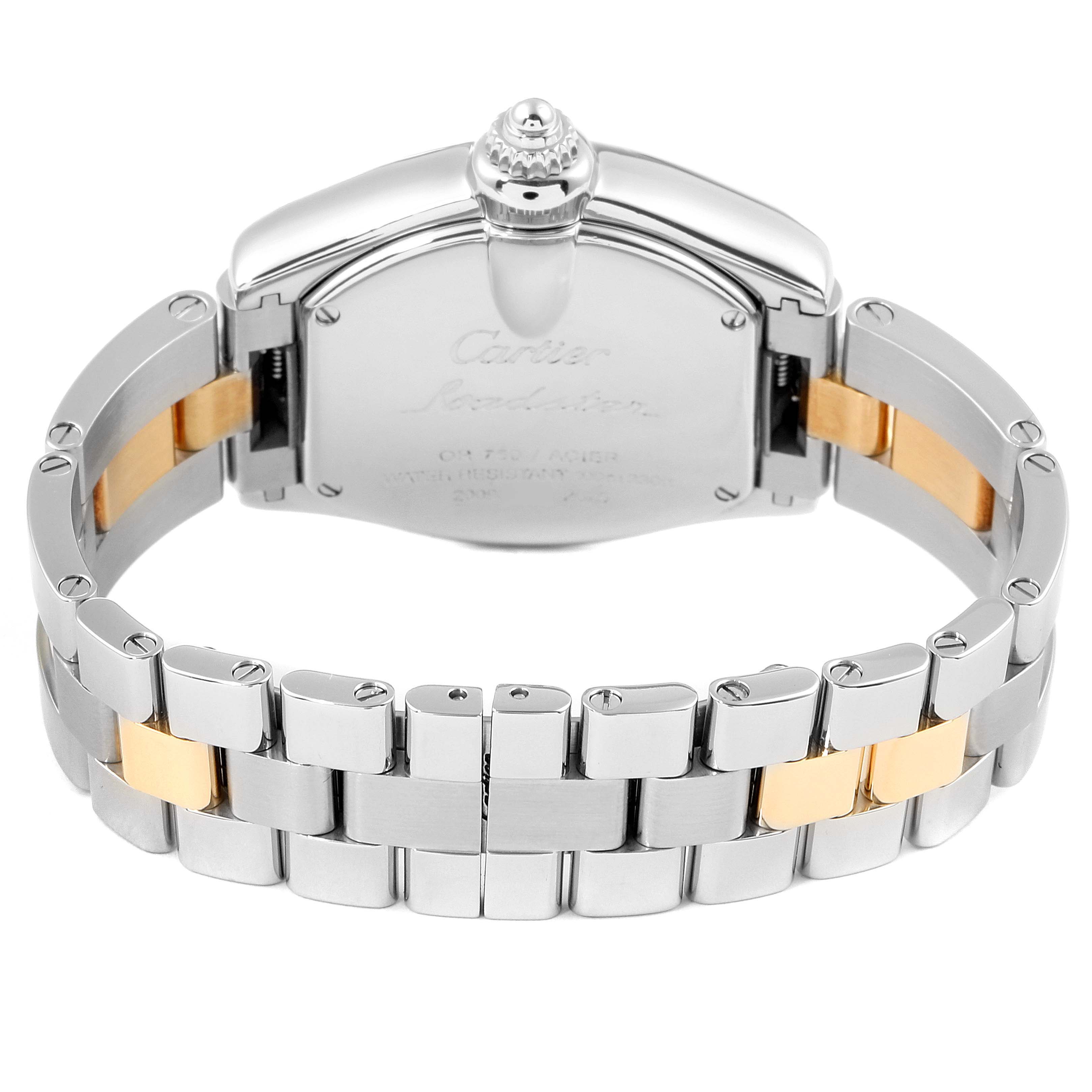 This image shows a rear view of the band and case back of the Cartier Roadster W62026Y4 Women
s Steel and Gold (two tone) Silver Dial W62026Y4 Women
s Steel and Gold (two tone) Silver Dial watch.