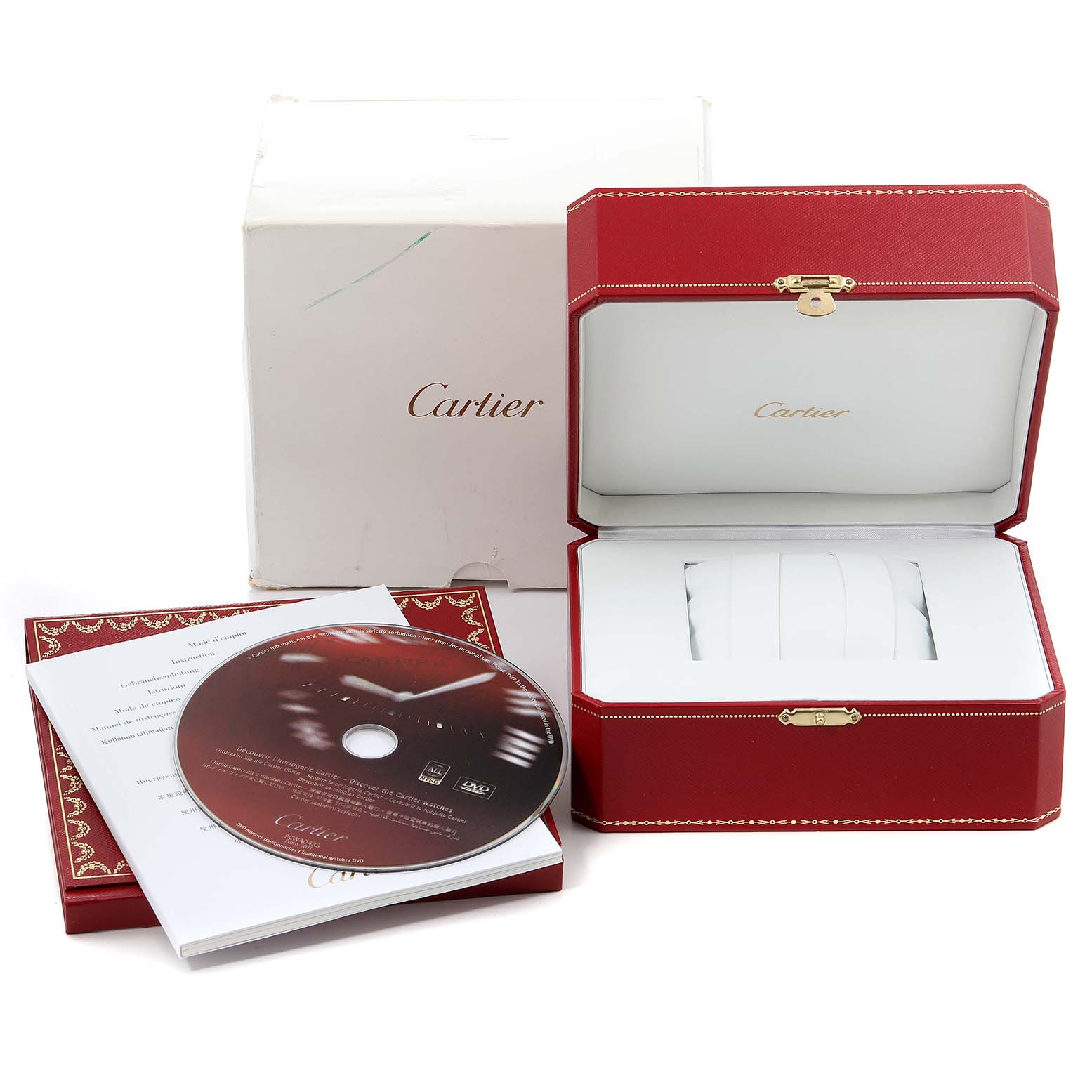 The image shows the packaging and accessories for a Cartier Roadster W62026Y4 Women
s Steel and Gold (two tone) Silver Dial W62026Y4 Women
s Steel and Gold (two tone) Silver Dial watch, including the watch box, outer box, manual, and a CD.