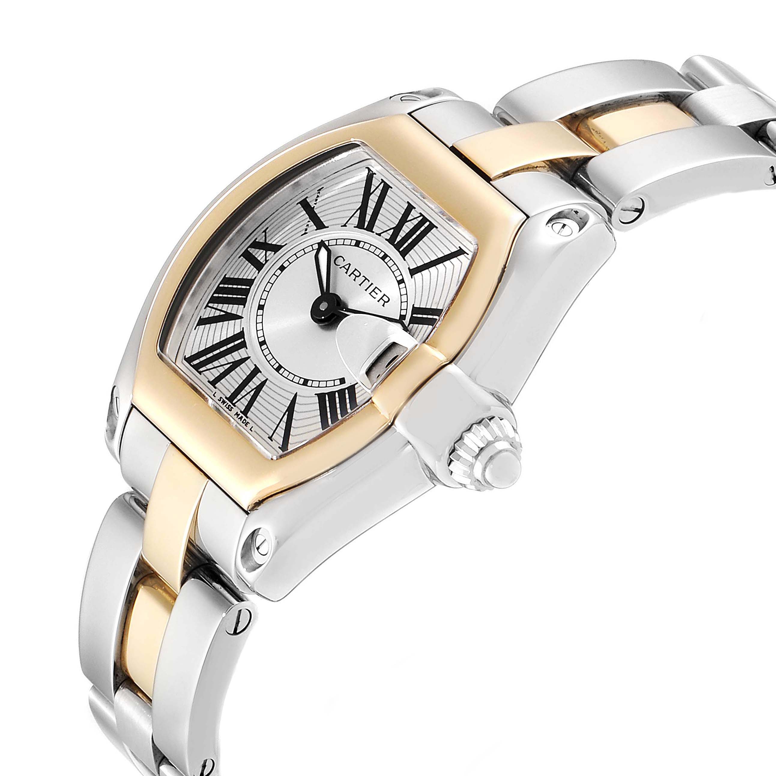 This Cartier Roadster W62026Y4 Women
s Steel and Gold (two tone) Silver Dial W62026Y4 Women
s Steel and Gold (two tone) Silver Dial watch is shown at an oblique angle, displaying its face, crown, and a partial view of its two-tone bracelet.