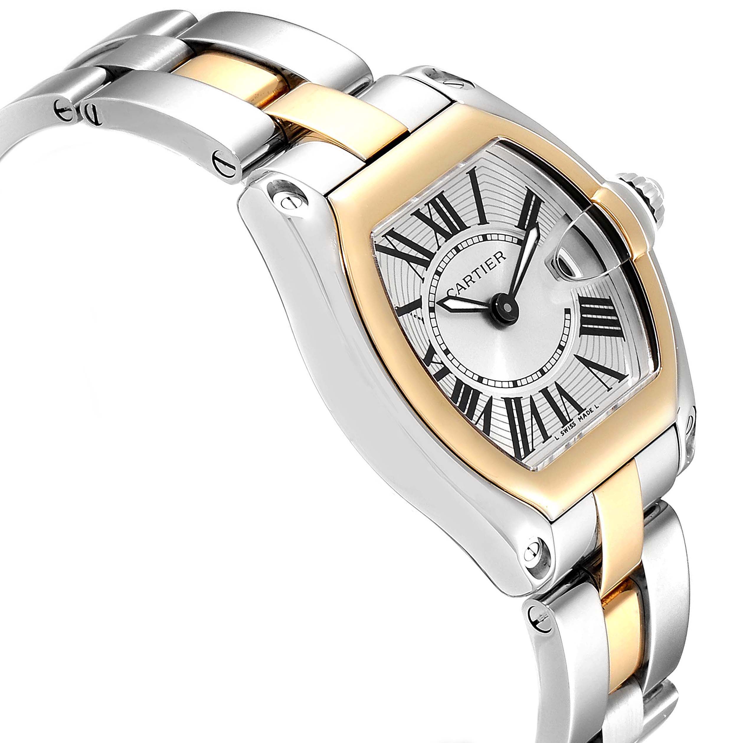 The Cartier Roadster W62026Y4 Women
s Steel and Gold (two tone) Silver Dial W62026Y4 Women
s Steel and Gold (two tone) Silver Dial watch is shown at a side angle, displaying its face, bezel, and linked two-tone bracelet.